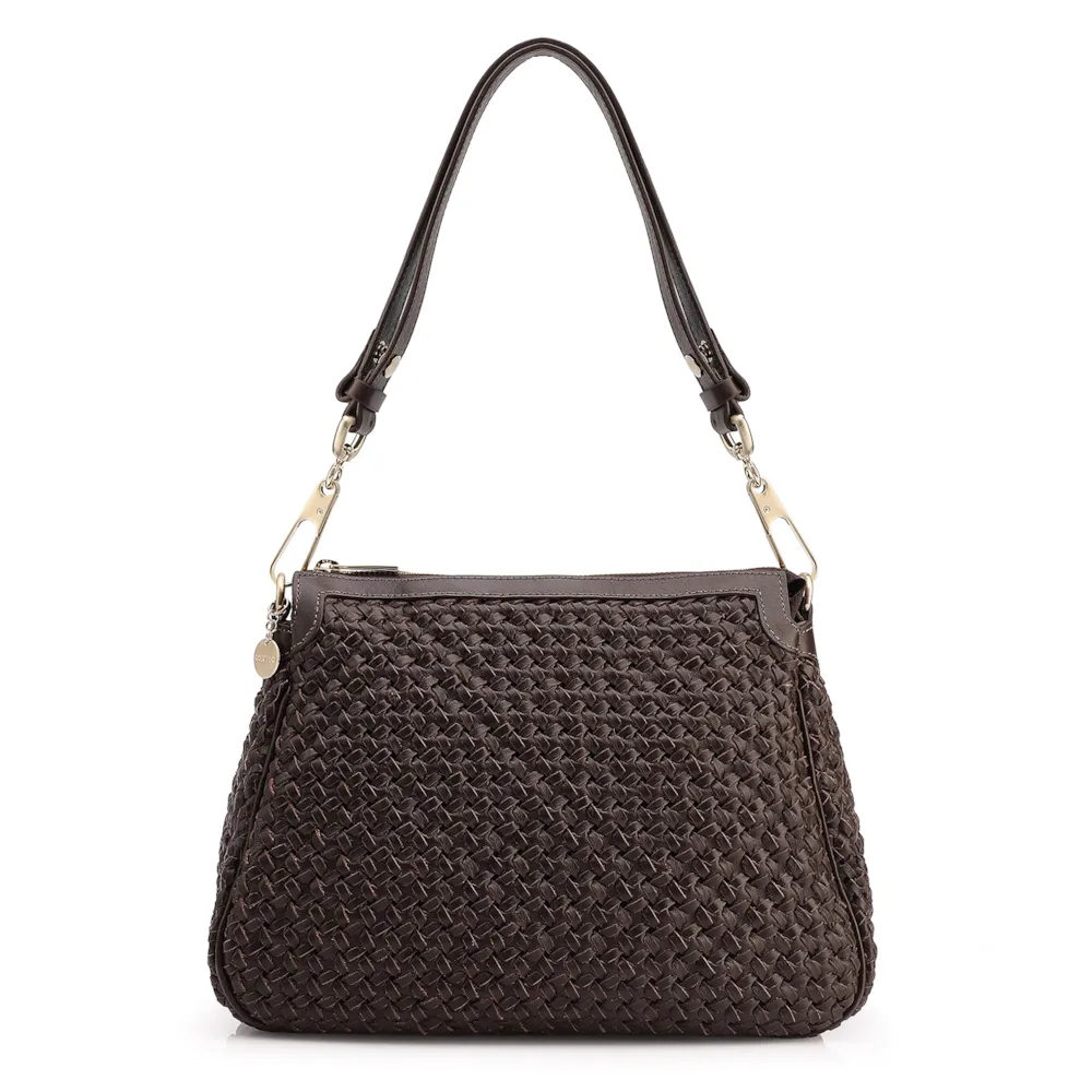 Bolsa De Ombro Tressê Grande Couro Marrom Escuro Tressê