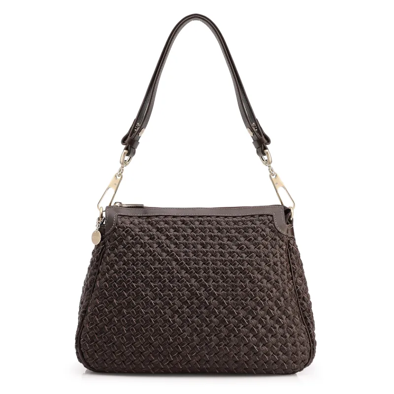 Bolsa De Ombro Tressê Grande Couro Marrom Escuro Tressê