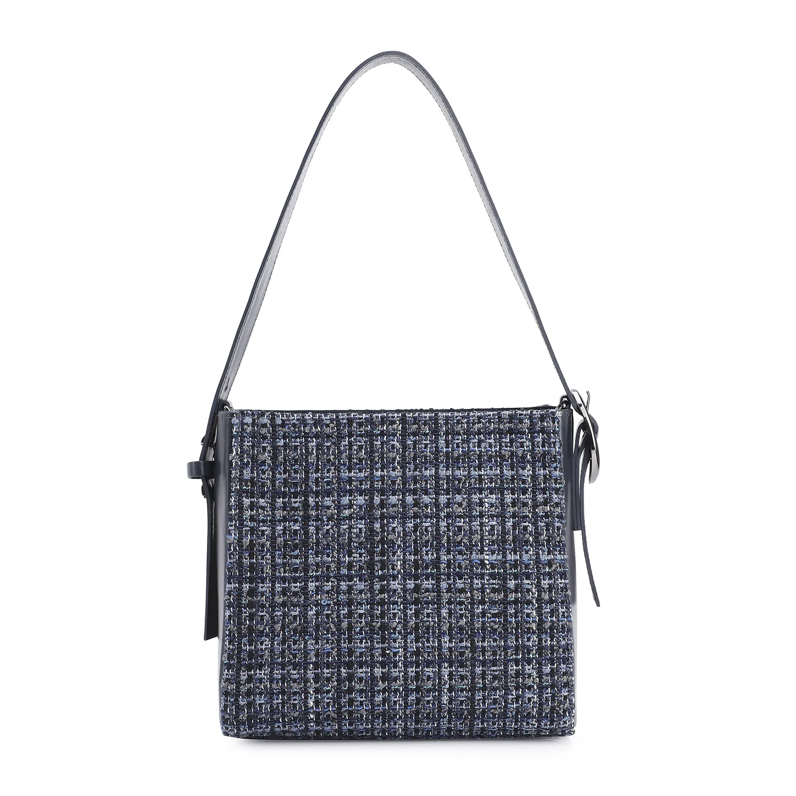 Bolsa De Ombro Tweed Azul/Couro Azul