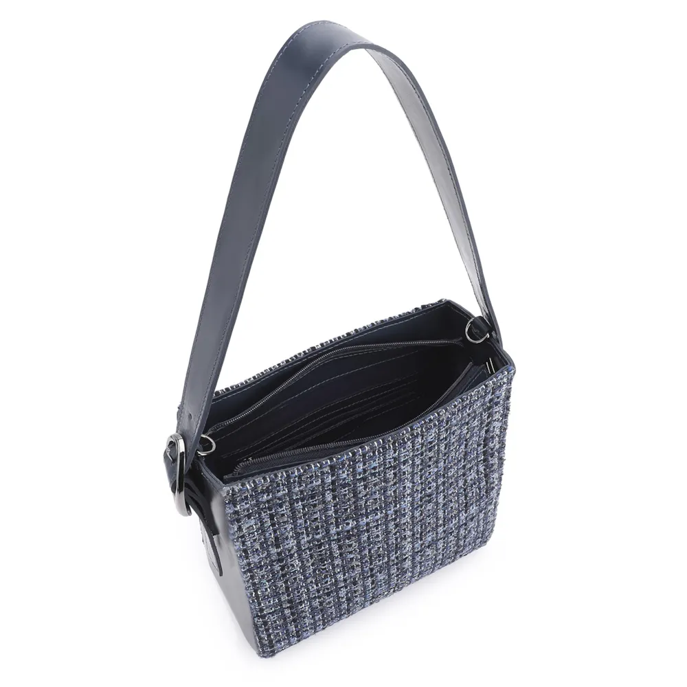 Bolsa De Ombro Tweed Azul/Couro Azul - imagem 4