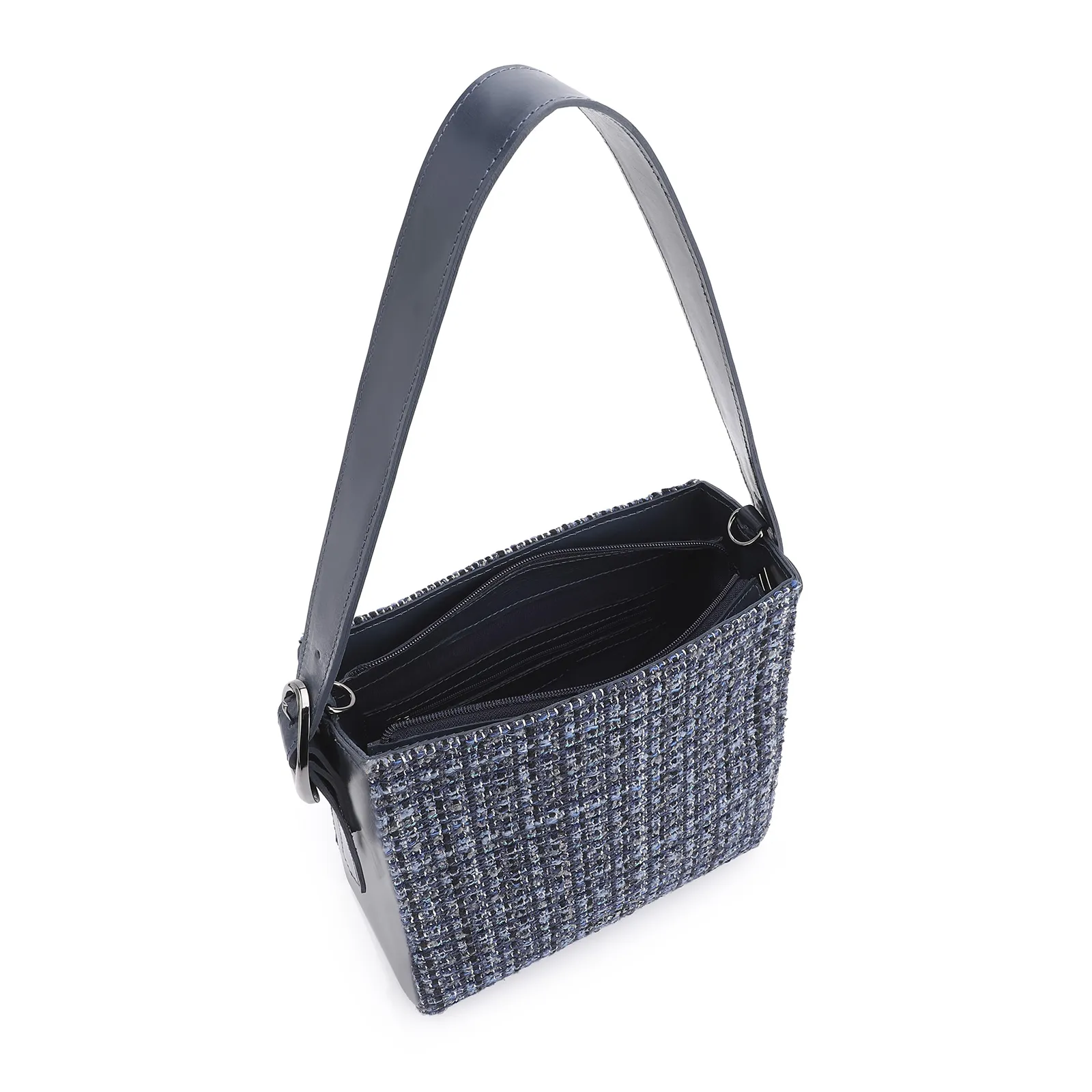 Bolsa De Ombro Tweed Azul/Couro Azul