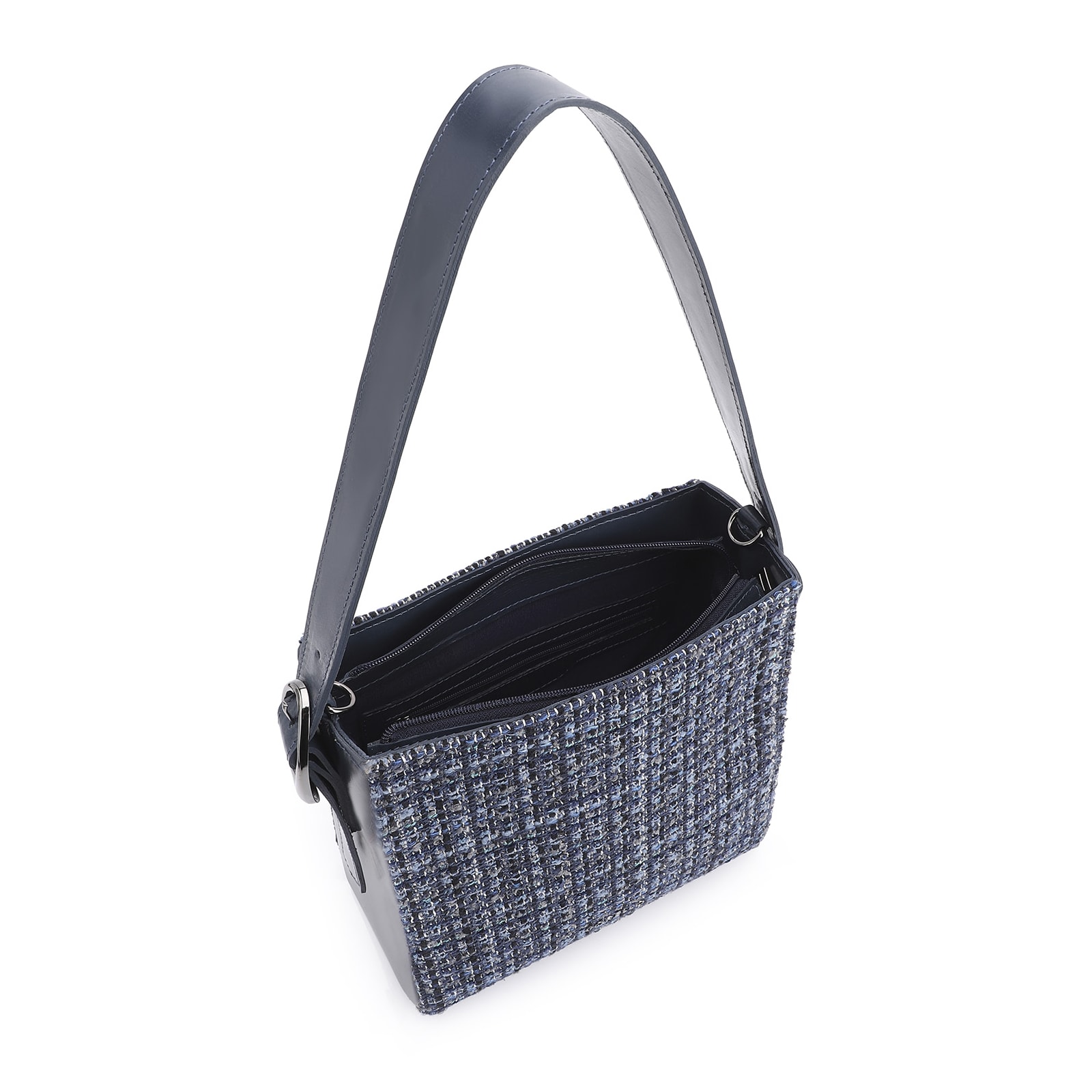Bolsa De Ombro Tweed Azul/Couro Azul