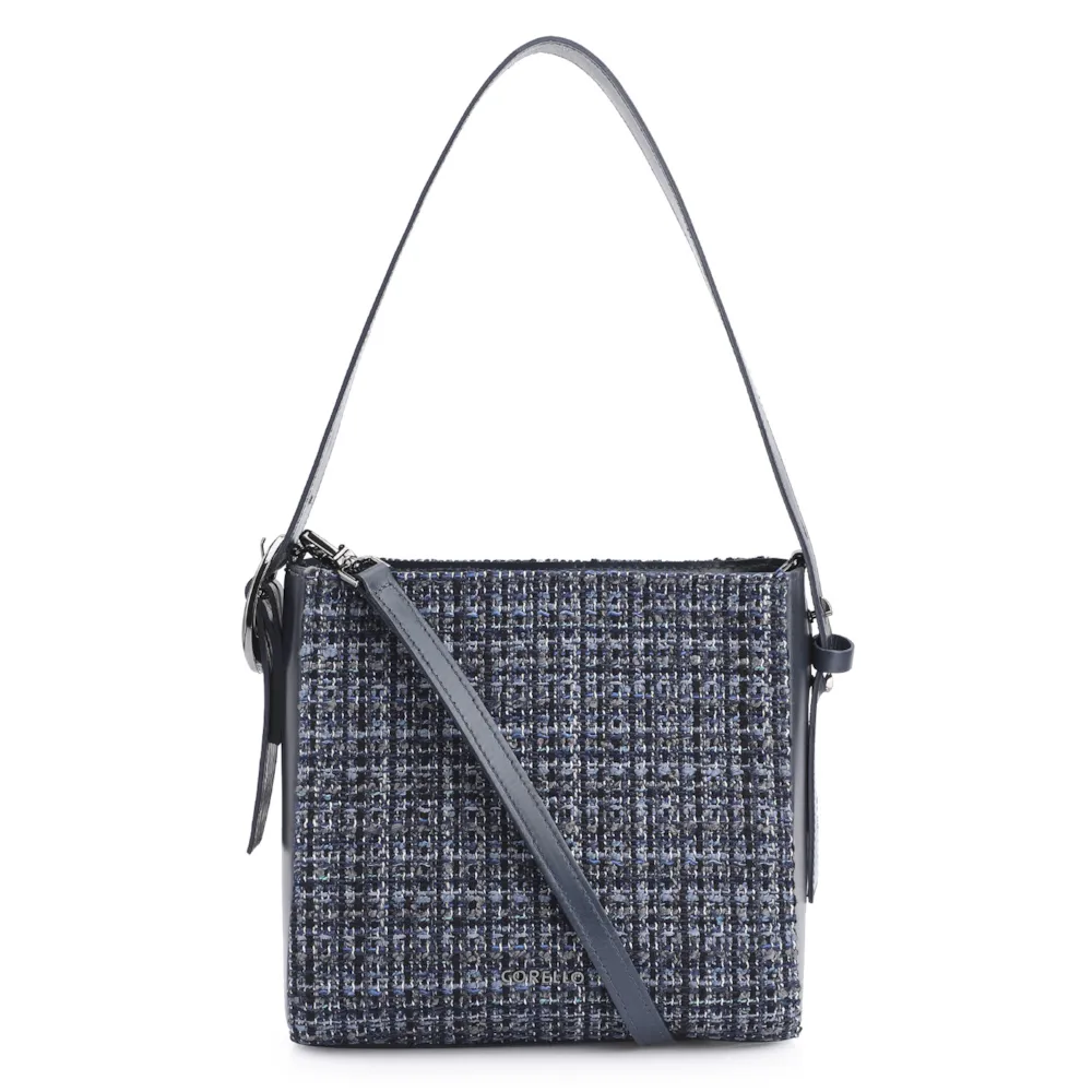 Bolsa De Ombro Tweed Azul/Couro Azul