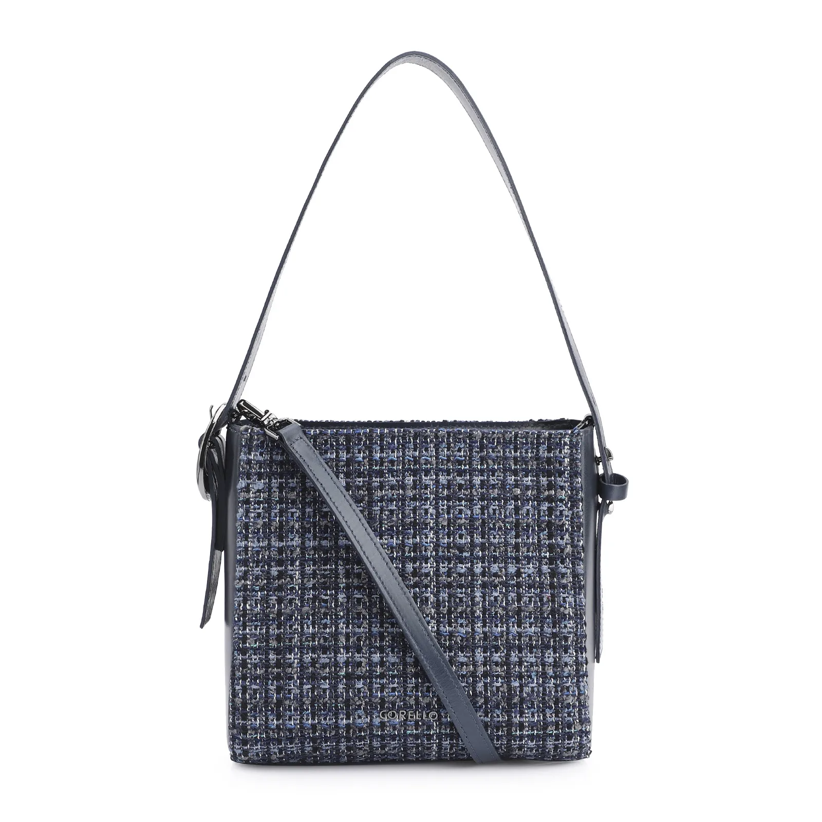 Bolsa De Ombro Tweed Azul/Couro Azul