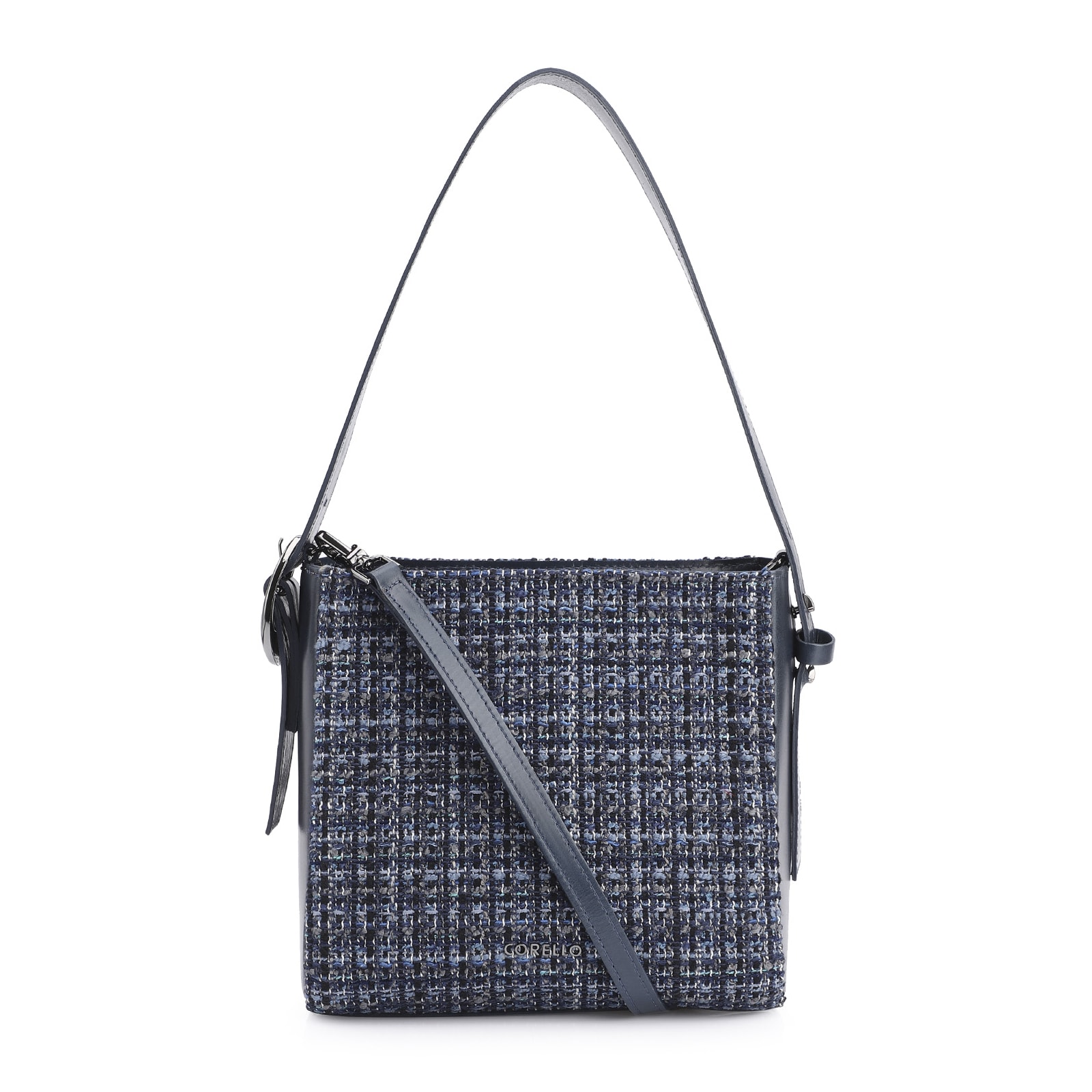 Bolsa De Ombro Tweed Azul/Couro Azul