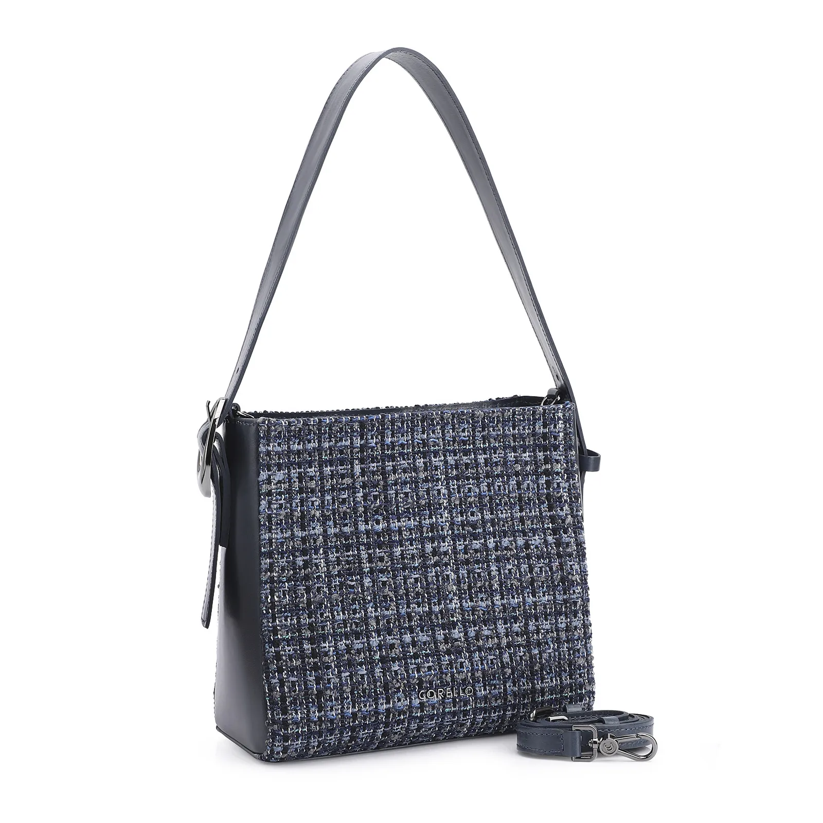 Bolsa De Ombro Tweed Azul/Couro Azul