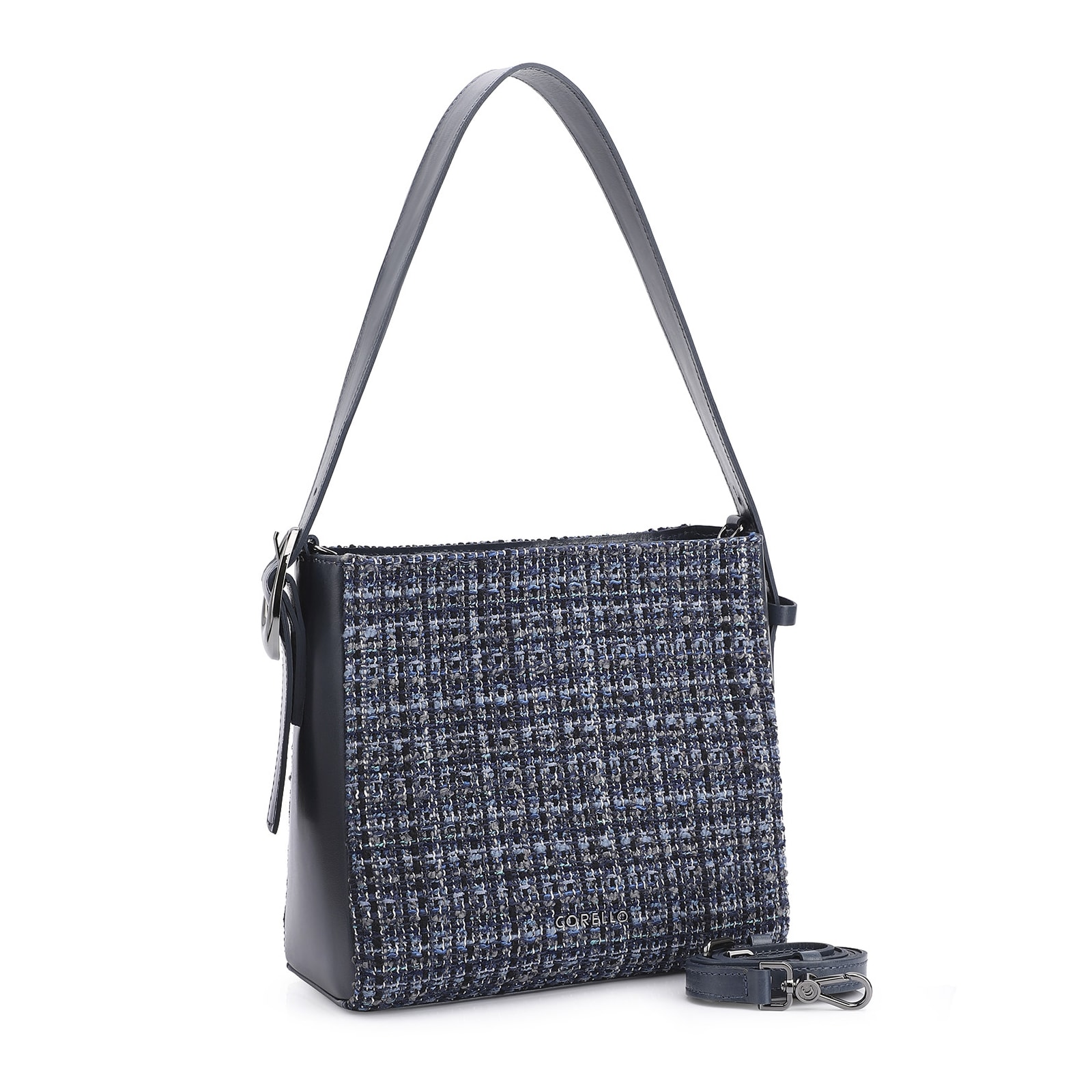 Bolsa De Ombro Tweed Azul/Couro Azul