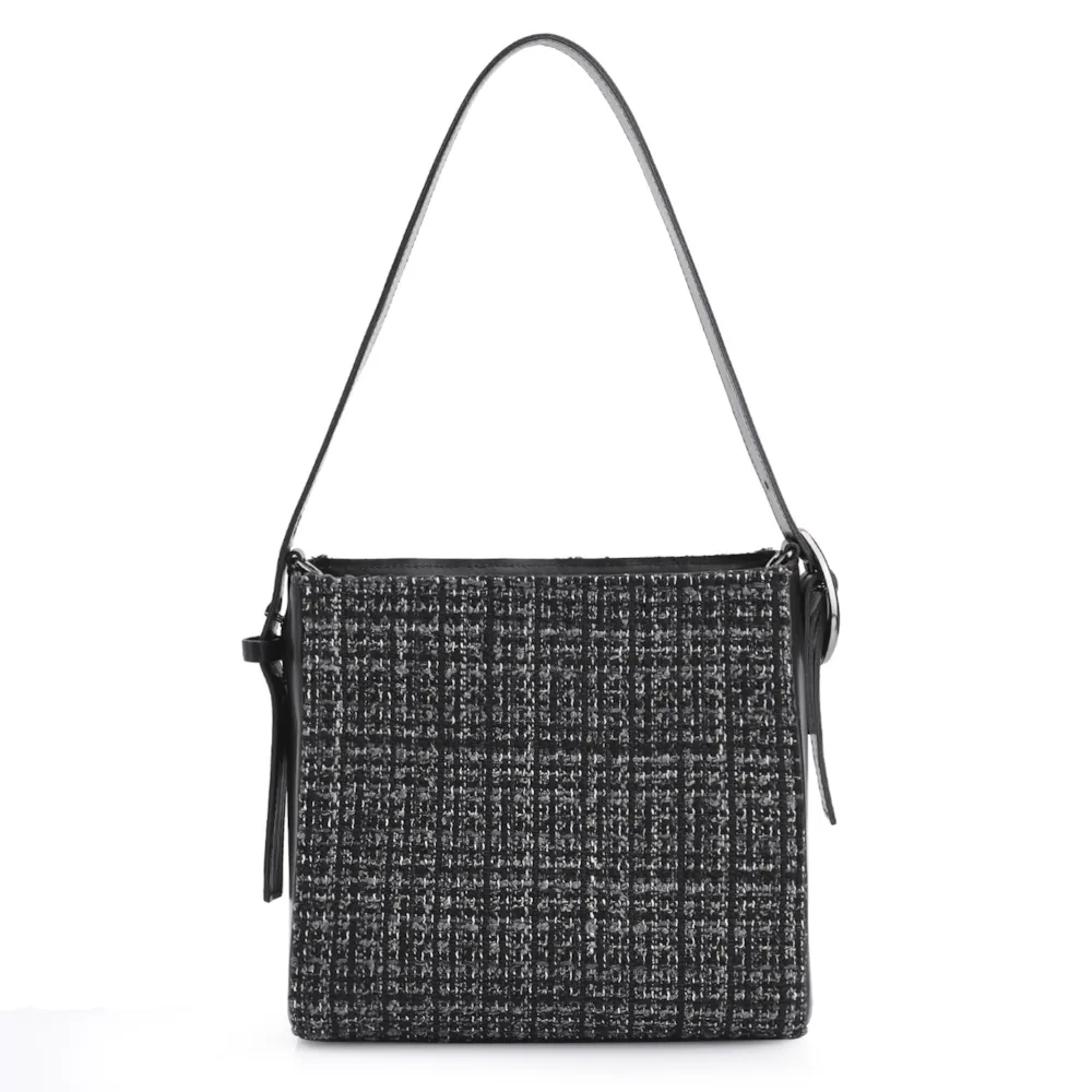 Bolsa De Ombro Tweed Preto/Couro Preto - imagem 3