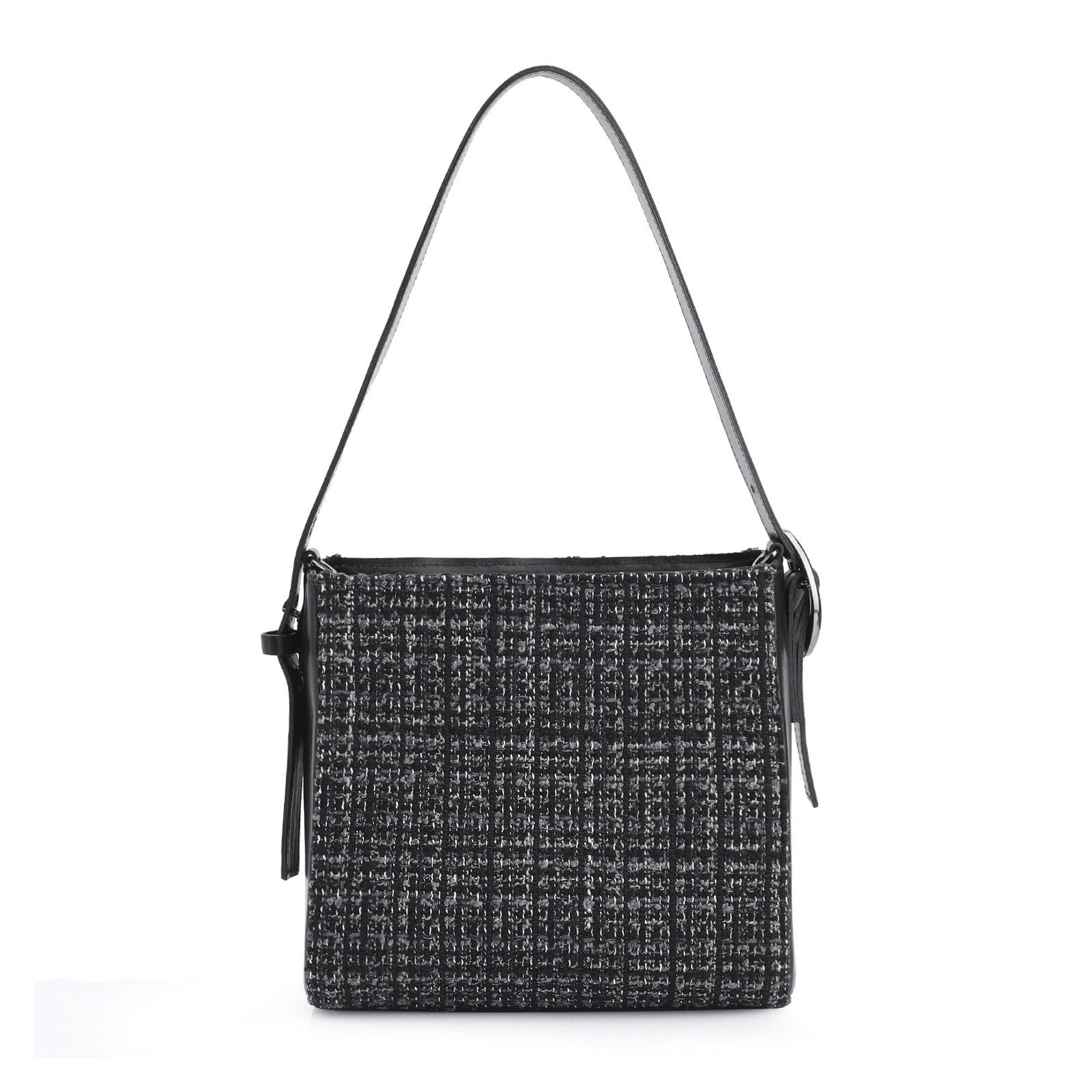 Bolsa De Ombro Tweed Preto/Couro Preto