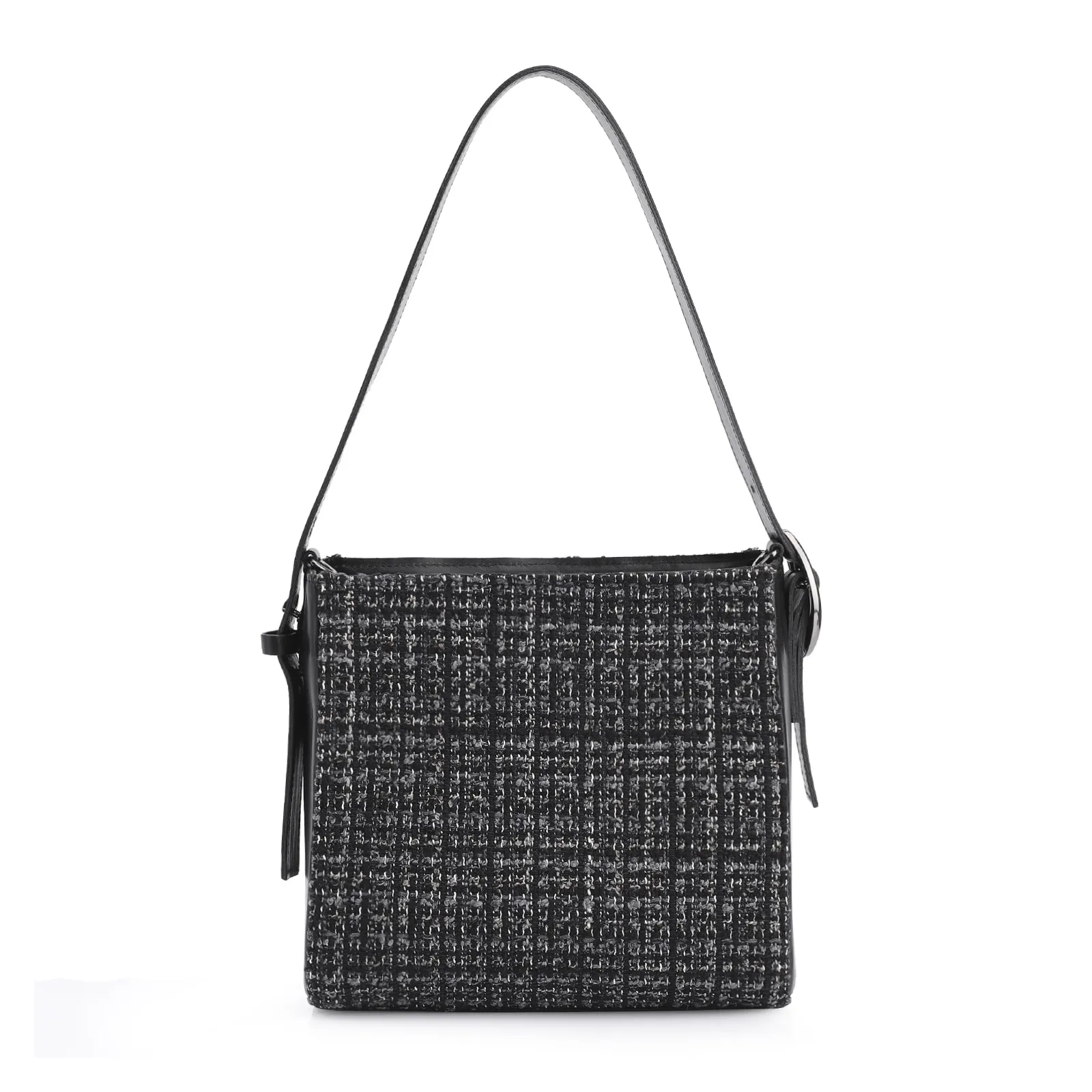 Bolsa De Ombro Tweed Preto/Couro Preto