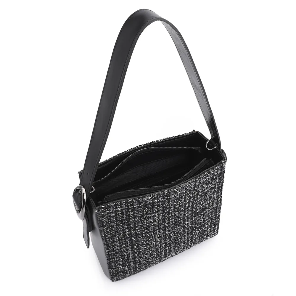 Bolsa De Ombro Tweed Preto/Couro Preto - imagem 4
