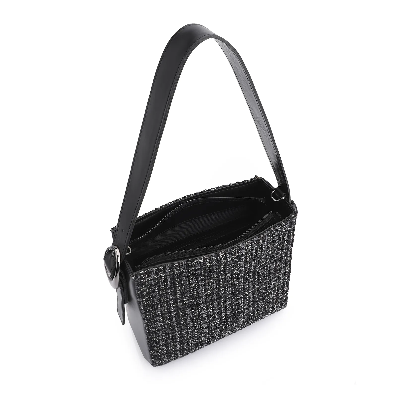 Bolsa De Ombro Tweed Preto/Couro Preto