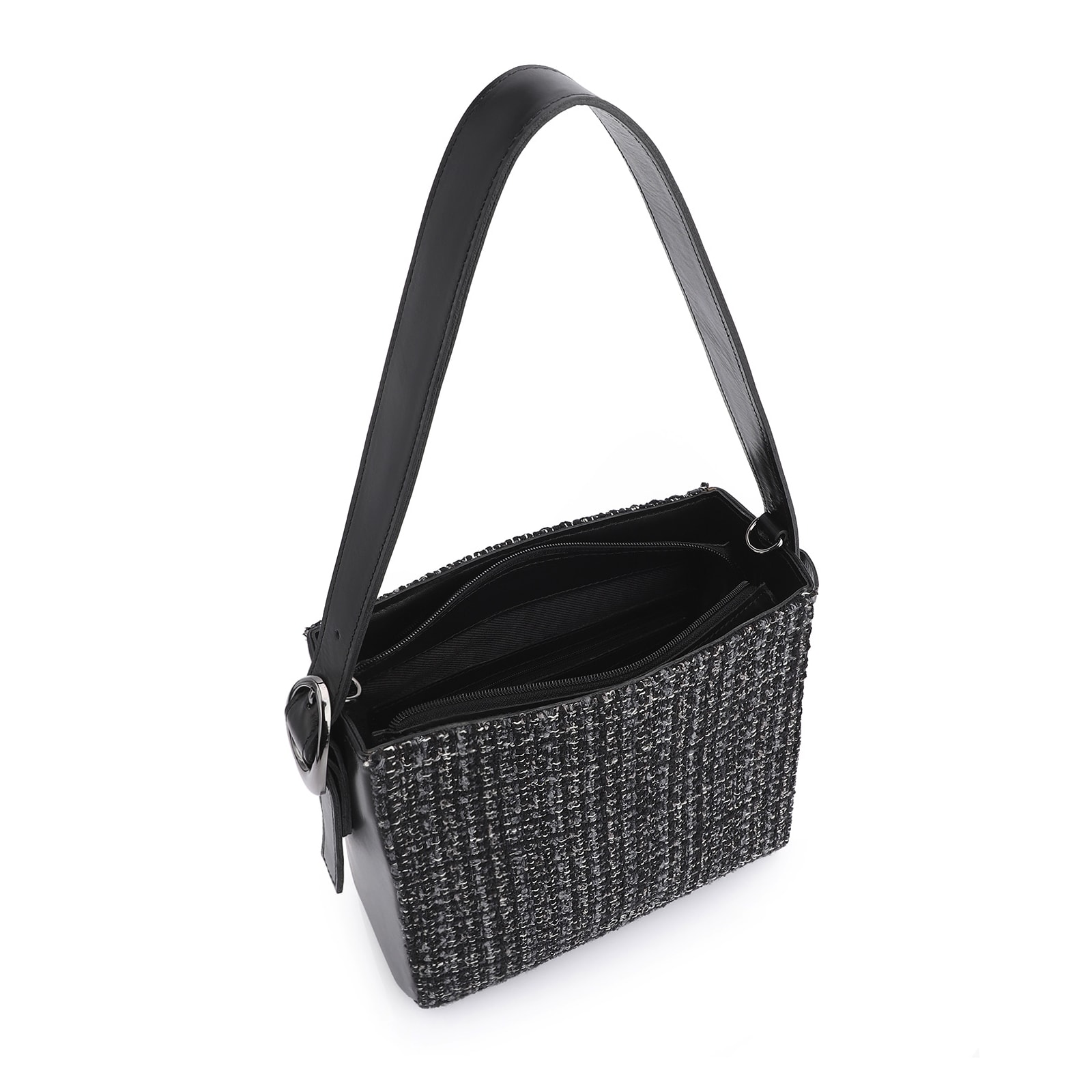 Bolsa De Ombro Tweed Preto/Couro Preto
