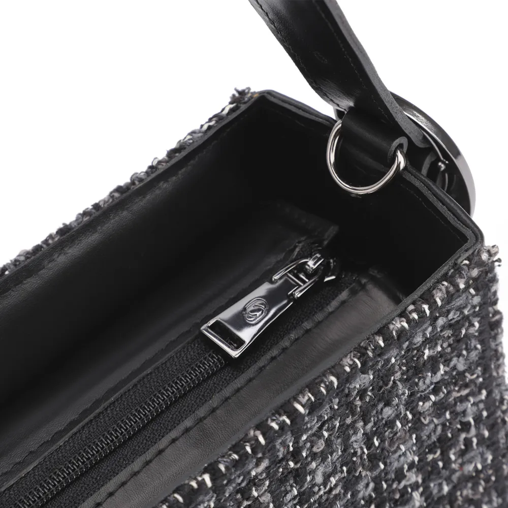 Bolsa De Ombro Tweed Preto/Couro Preto - imagem 5