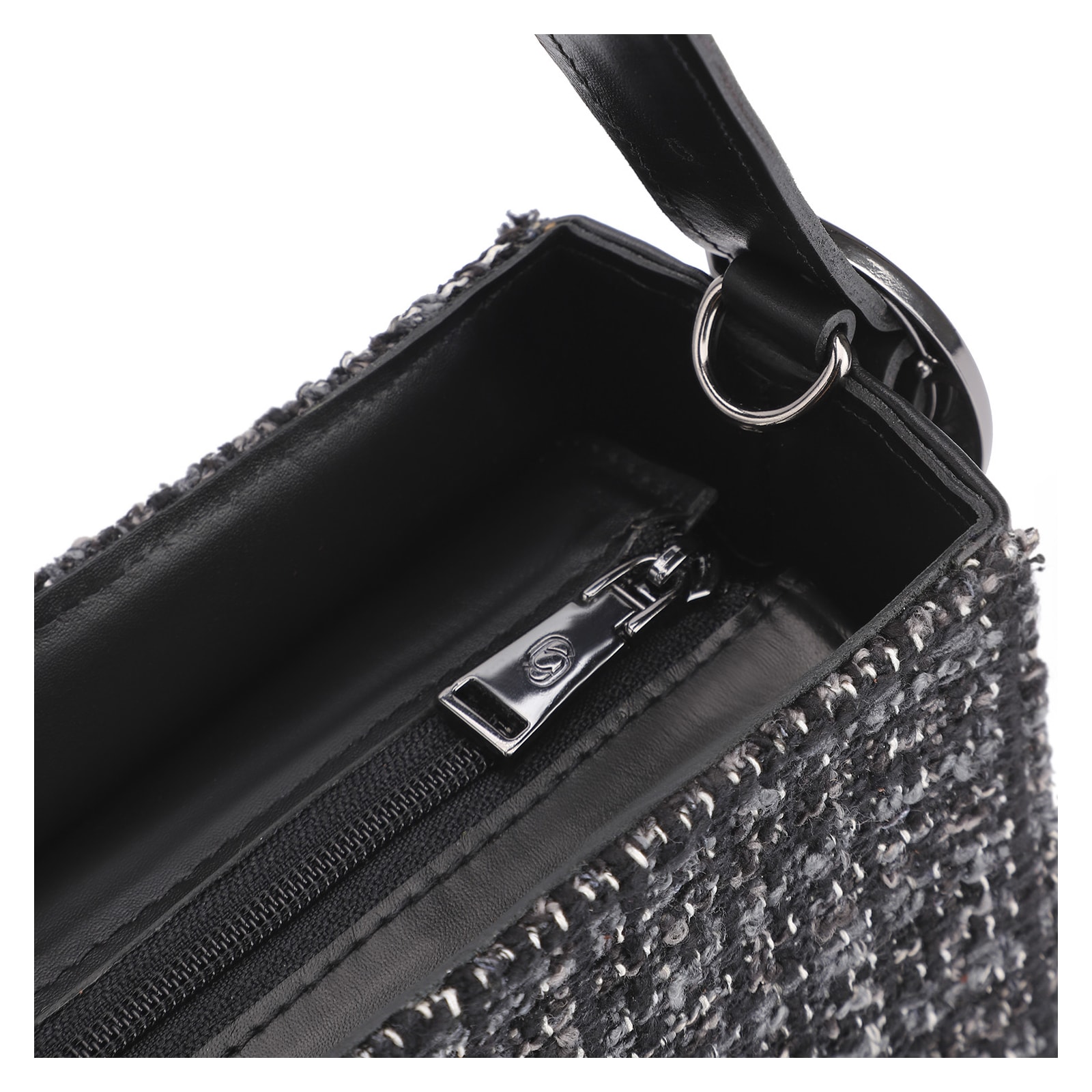 Bolsa De Ombro Tweed Preto/Couro Preto