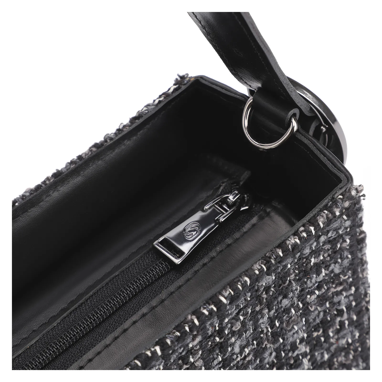 Bolsa De Ombro Tweed Preto/Couro Preto