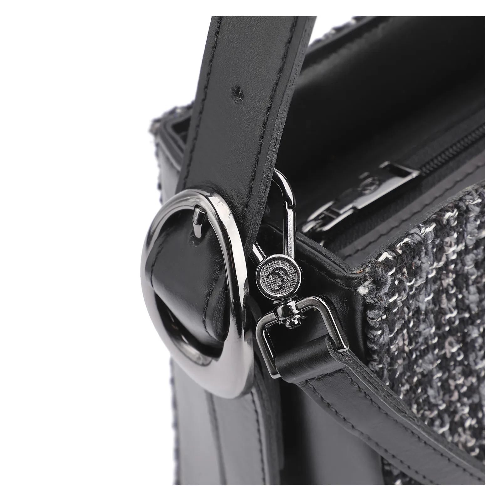 Bolsa De Ombro Tweed Preto/Couro Preto