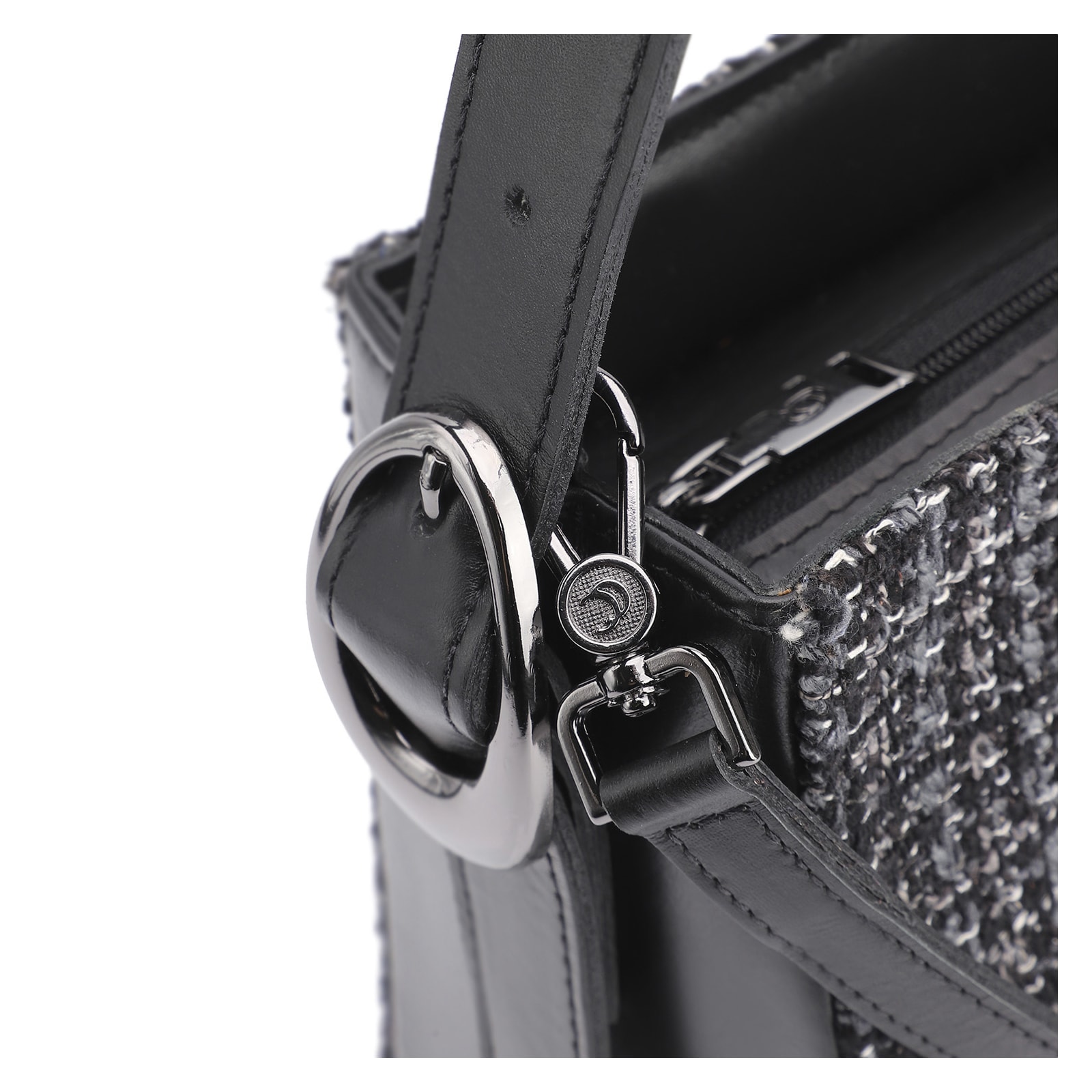 Bolsa De Ombro Tweed Preto/Couro Preto