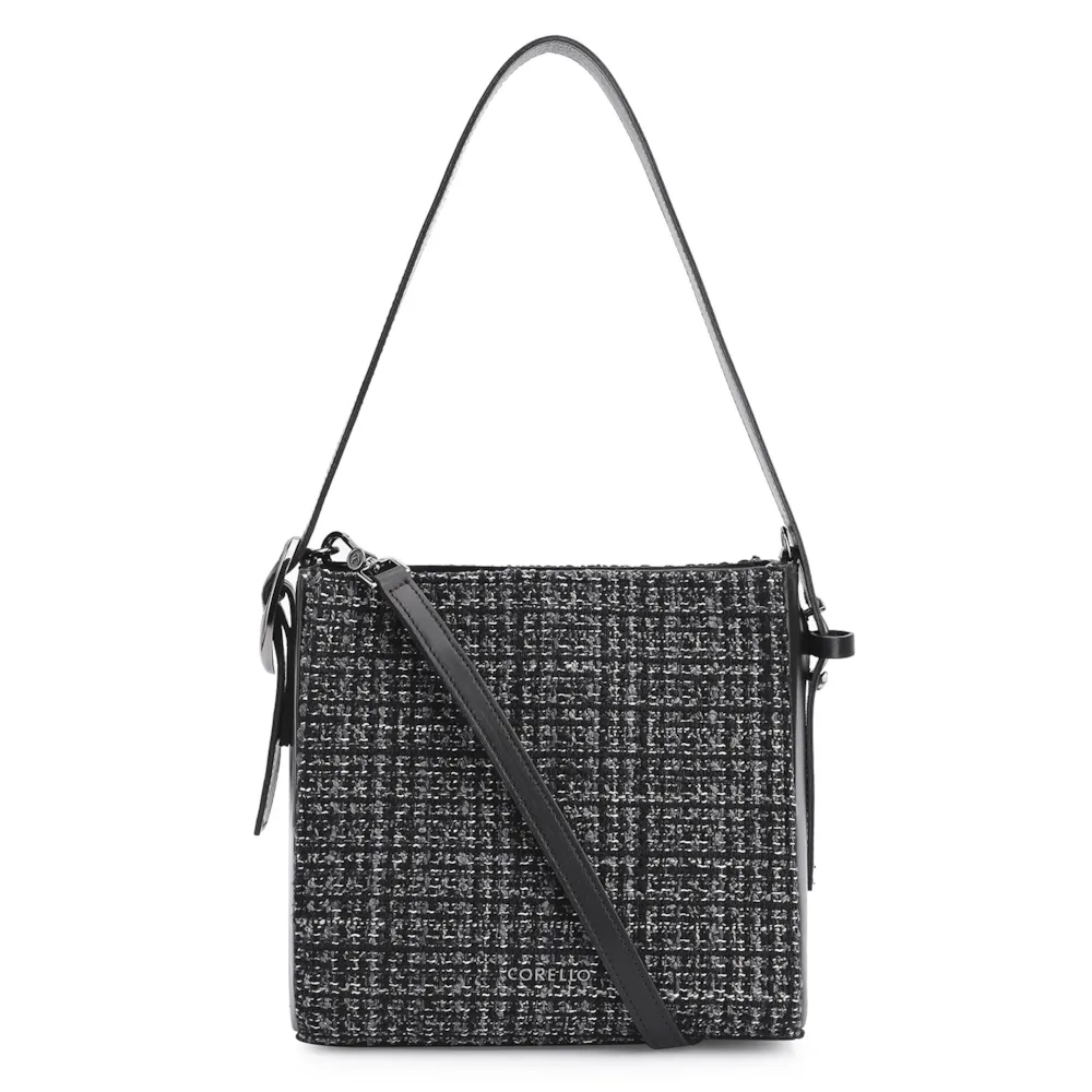 Bolsa De Ombro Tweed Preto/Couro Preto