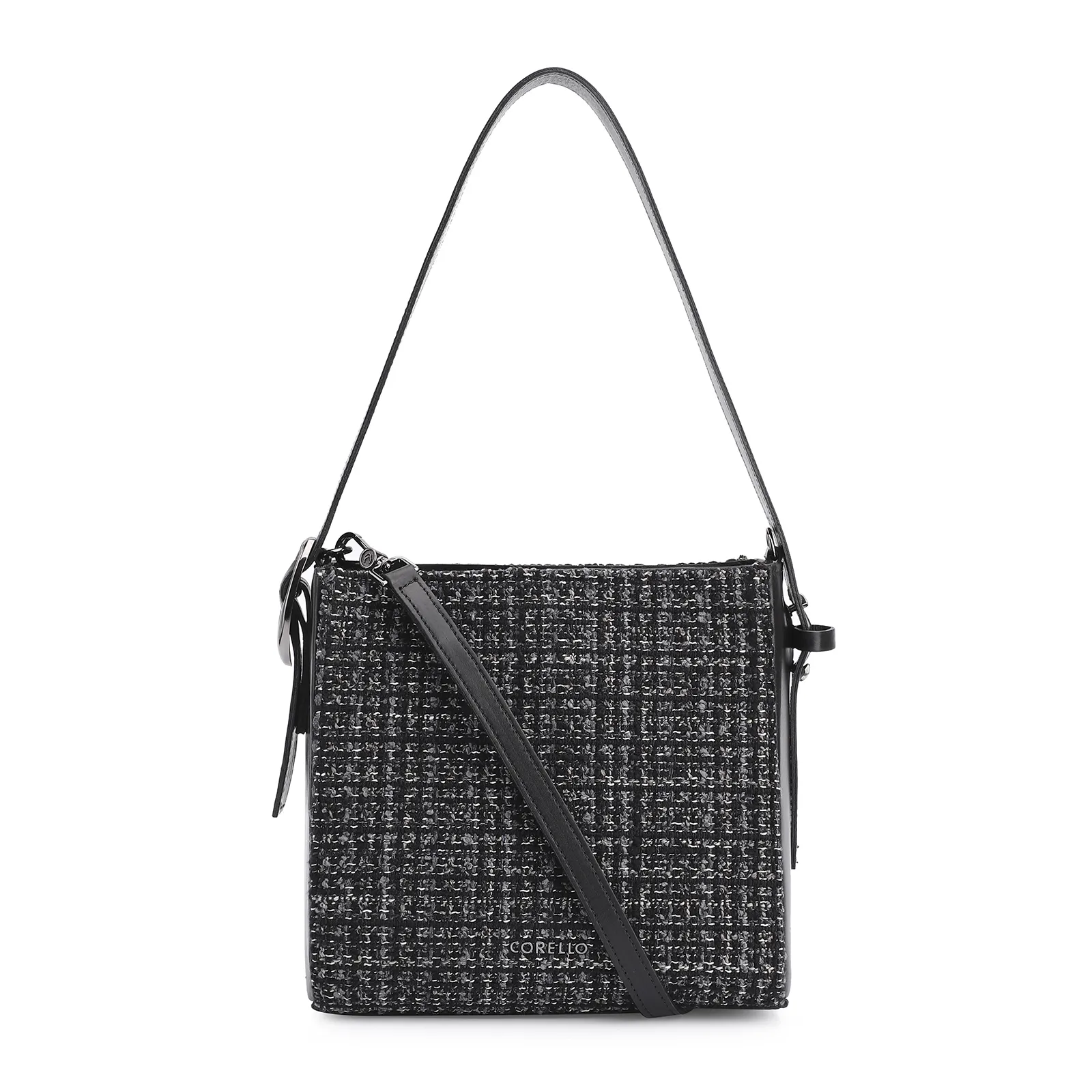Bolsa De Ombro Tweed Preto/Couro Preto