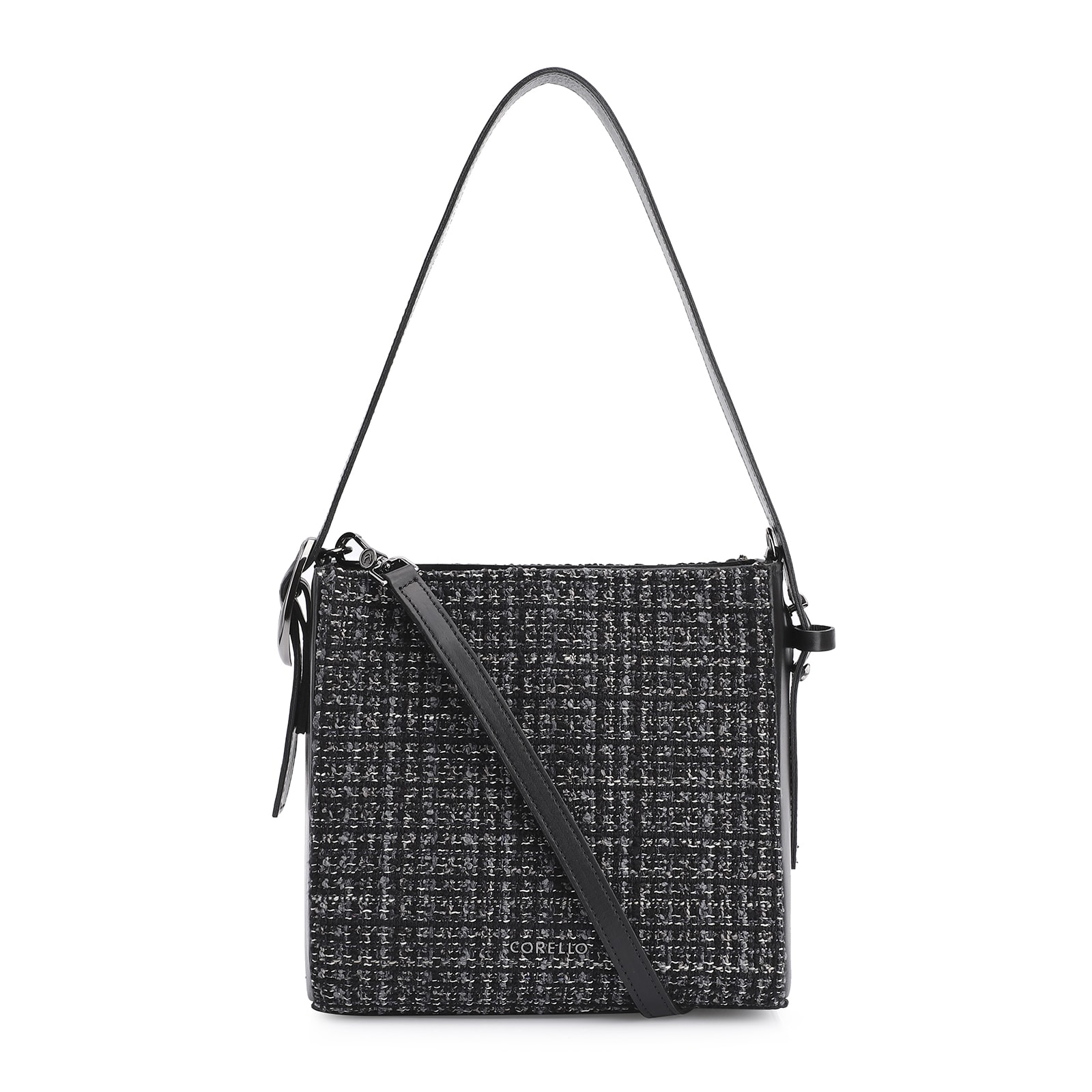 Bolsa De Ombro Tweed Preto/Couro Preto