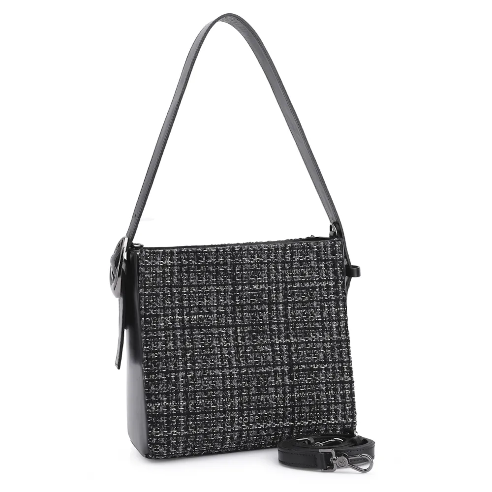 Bolsa De Ombro Tweed Preto/Couro Preto - imagem 2