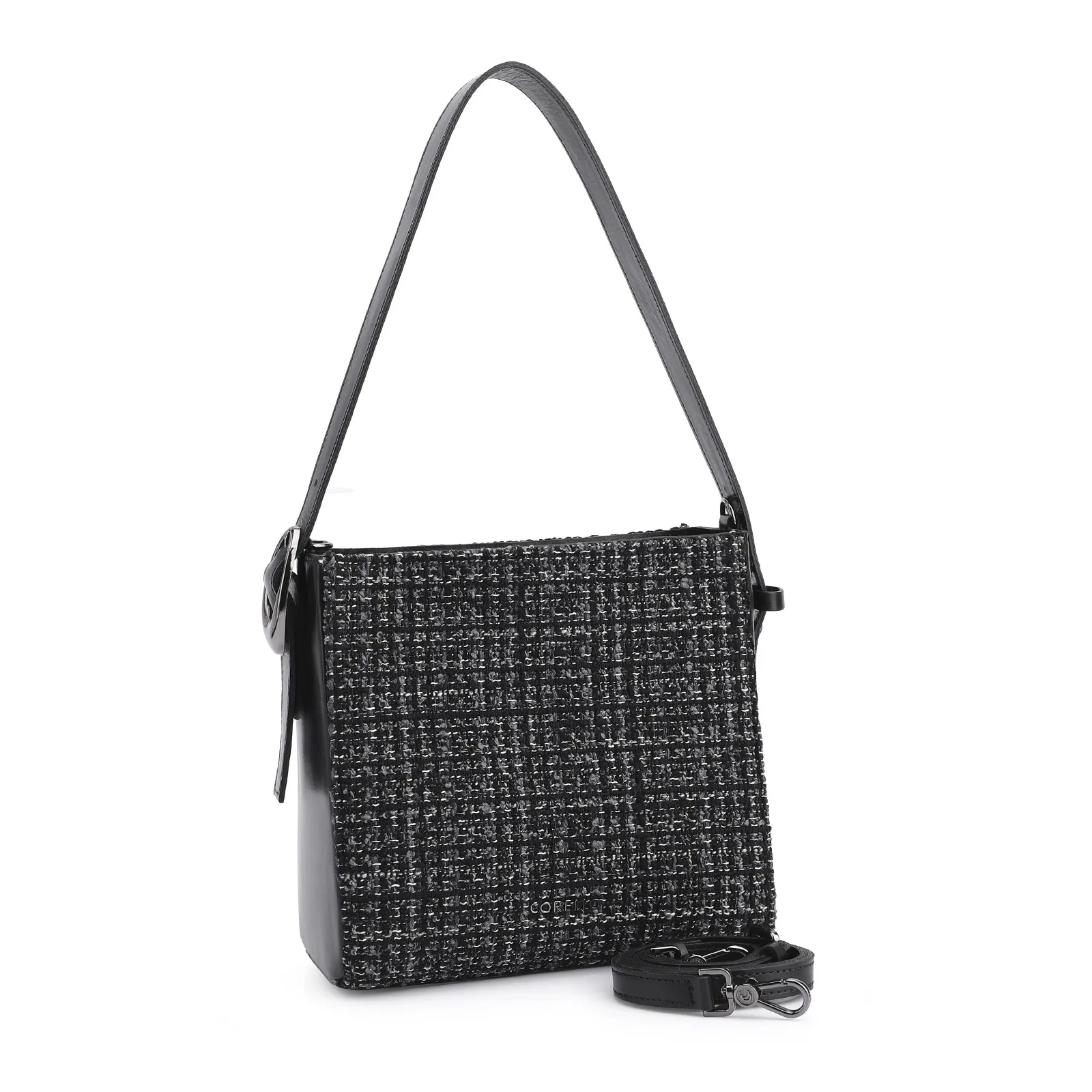 Bolsa De Ombro Tweed Preto/Couro Preto