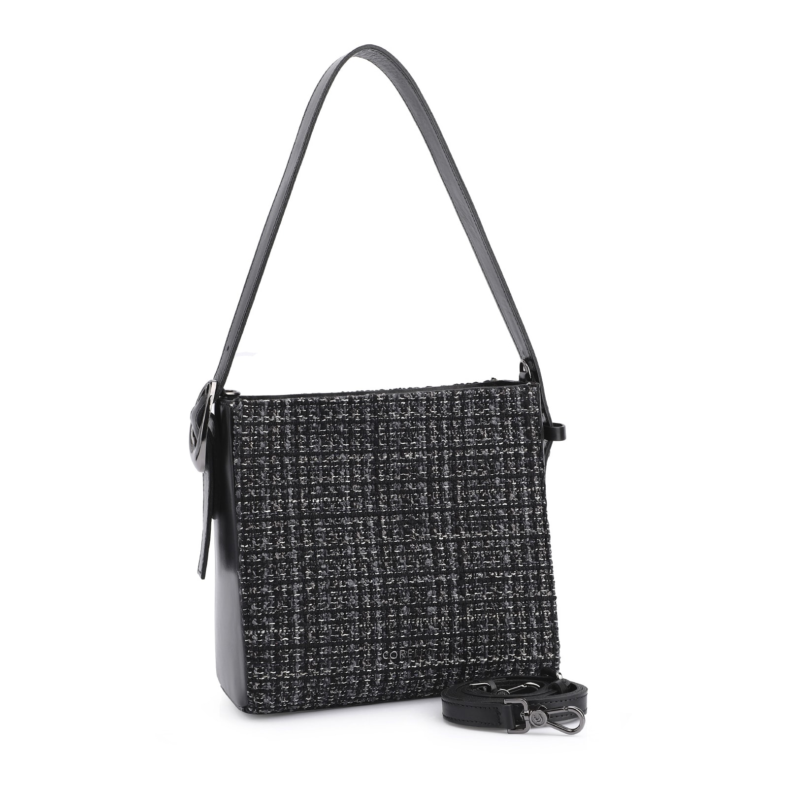 Bolsa De Ombro Tweed Preto/Couro Preto