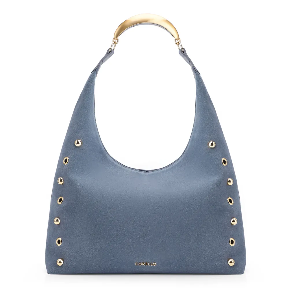 Bolsa Hobo Aplicações Couro Camurça/Couro Azul