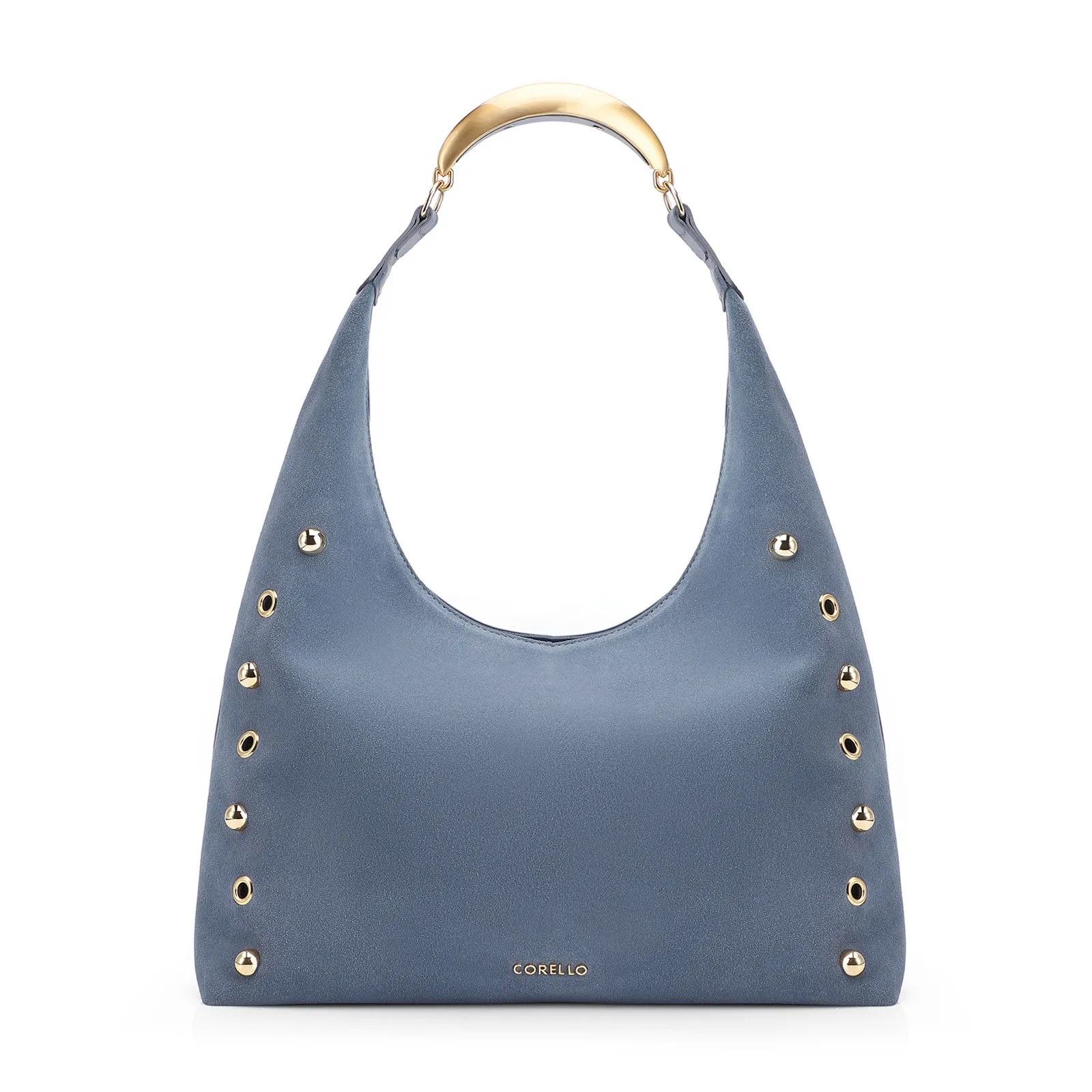 Bolsa Hobo Aplicações Couro Camurça/Couro Azul