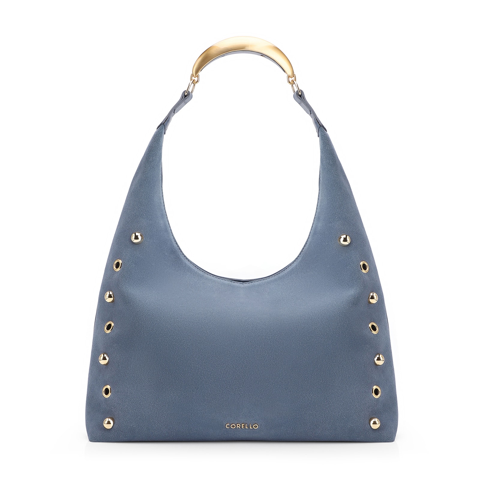 Bolsa Hobo Aplicações Couro Camurça/Couro Azul