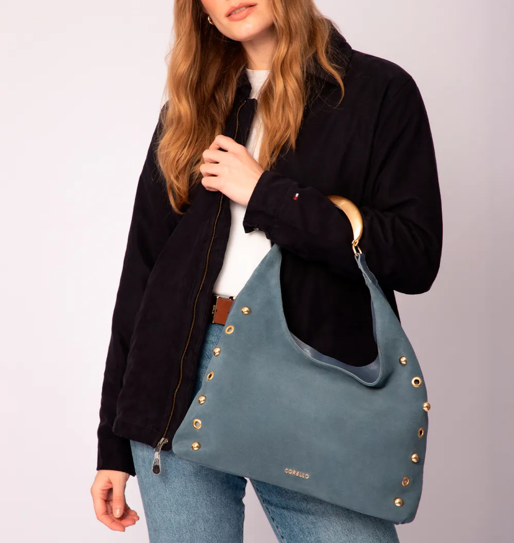 Bolsa Hobo Aplicações Couro Camurça/Couro Azul - imagem 2