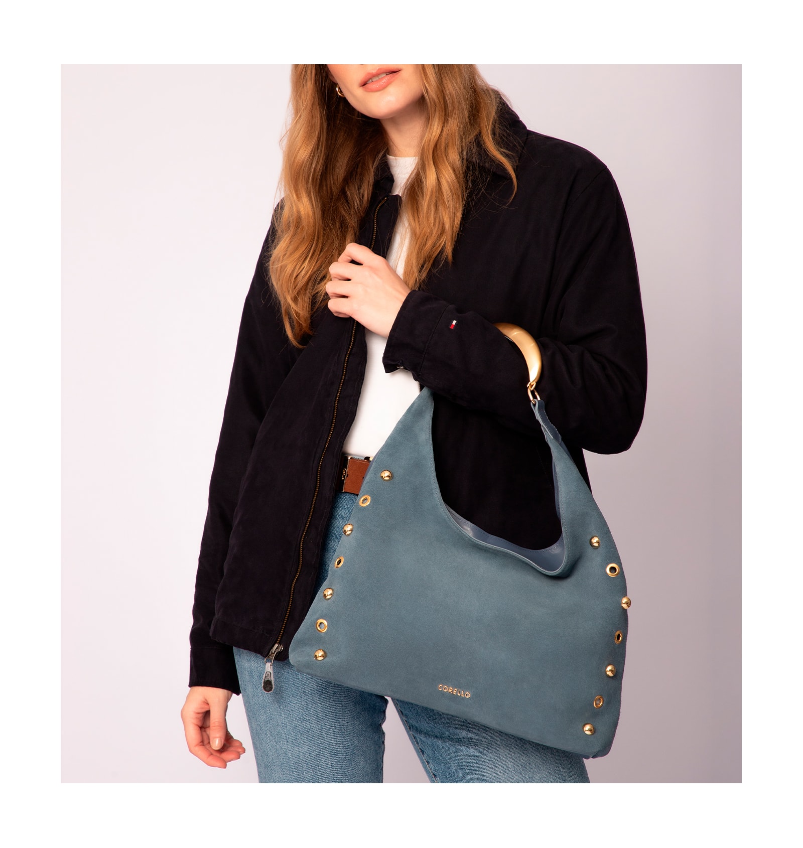Bolsa Hobo Aplicações Couro Camurça/Couro Azul