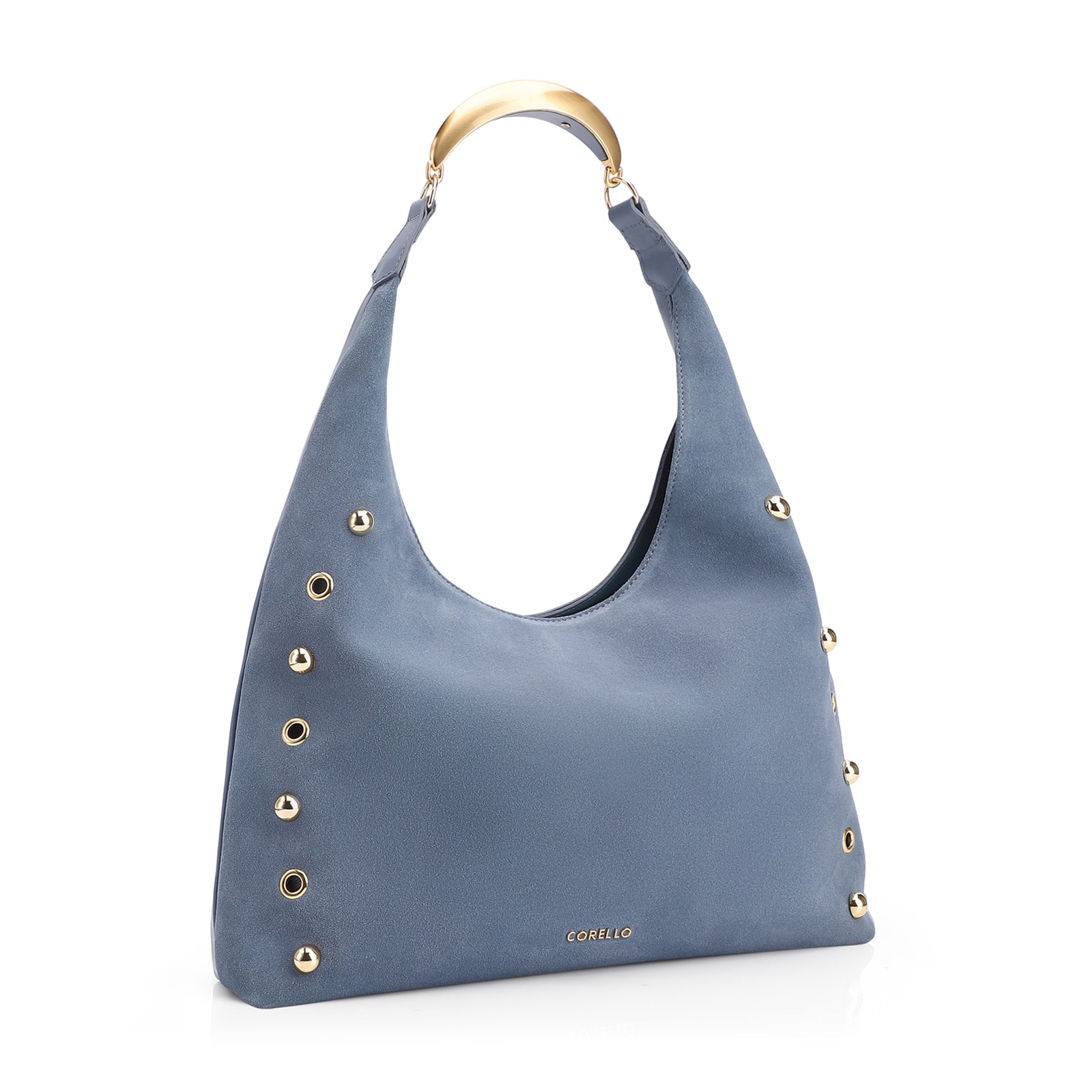 Bolsa Hobo Aplicações Couro Camurça/Couro Azul