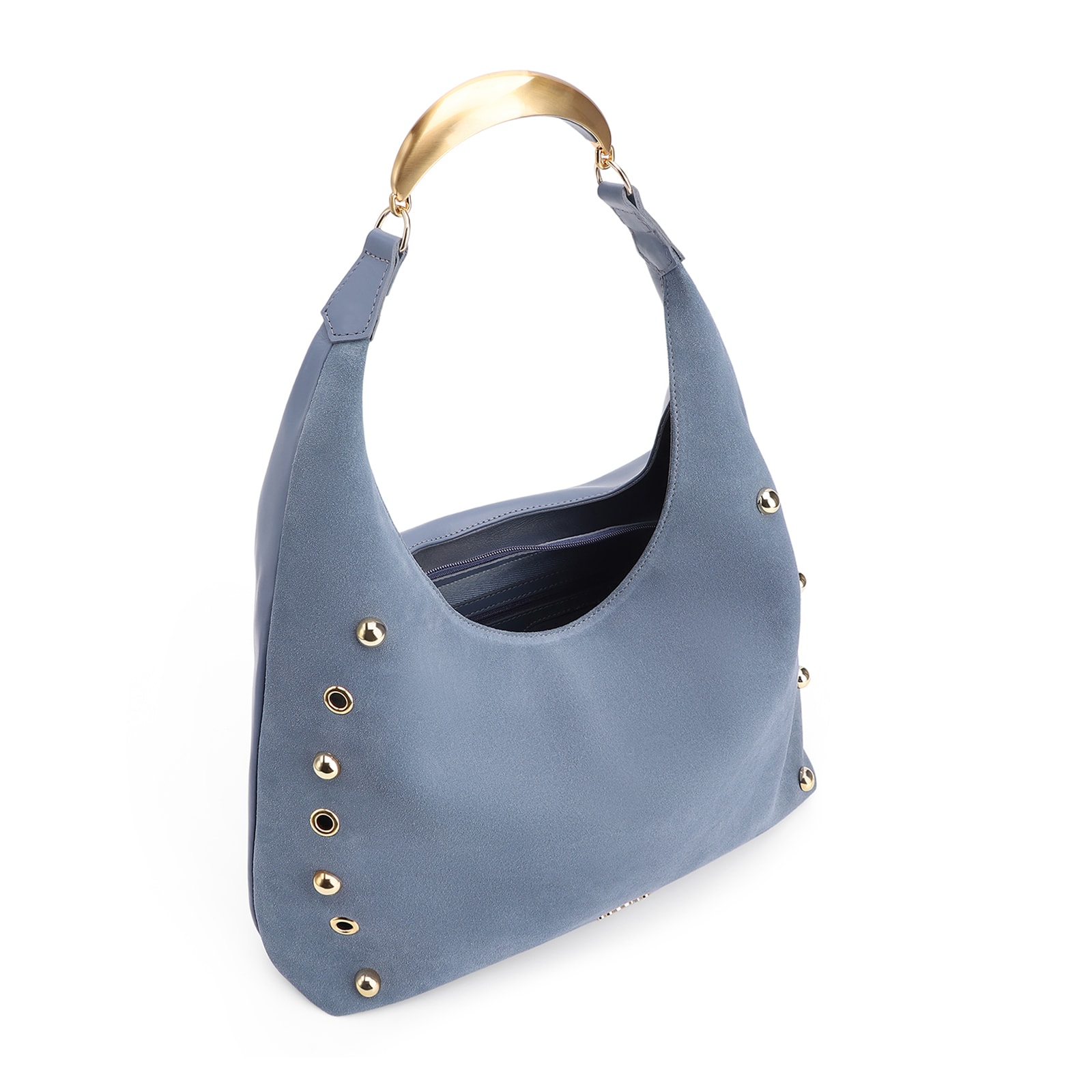 Bolsa Hobo Aplicações Couro Camurça/Couro Azul