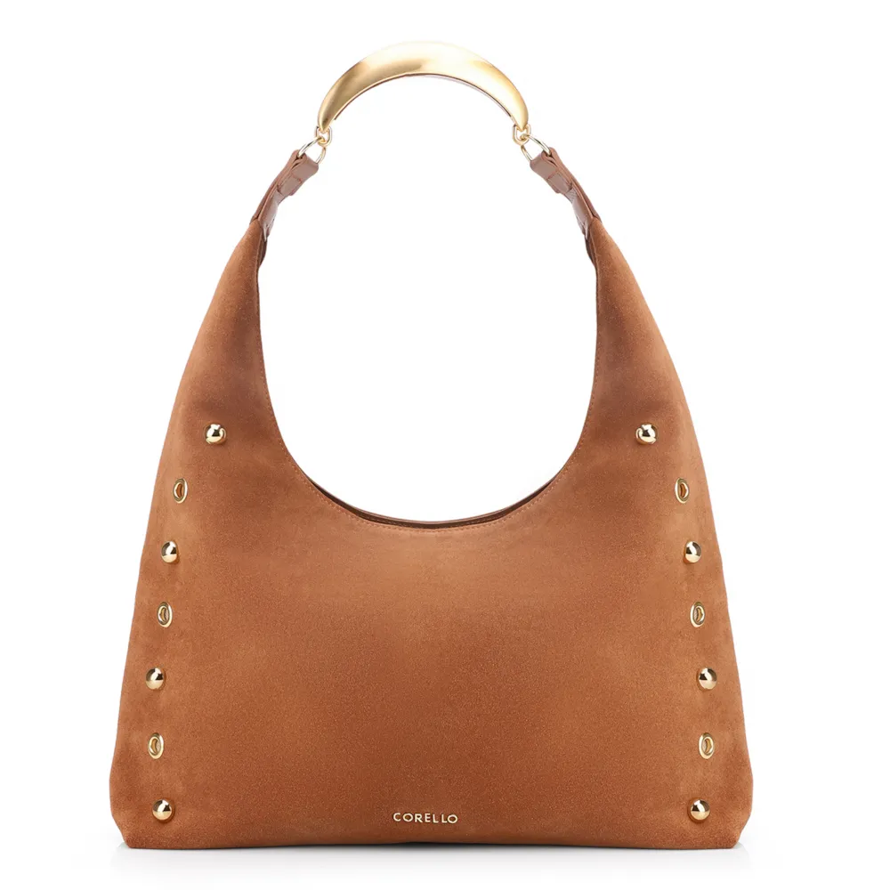 Bolsa Hobo Aplicações Couro Camurça/Couro Marrom