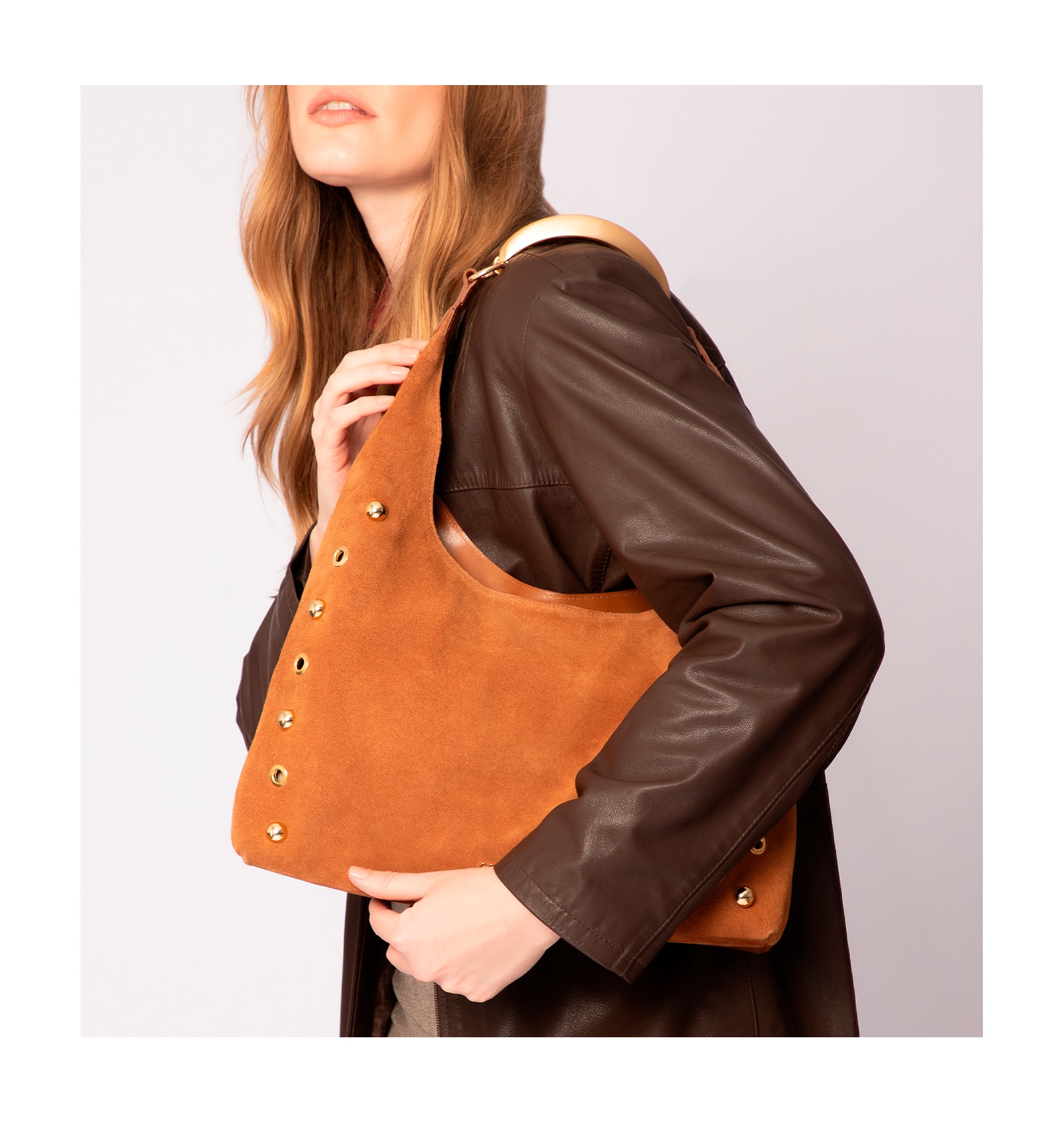Bolsa Hobo Aplicações Couro Camurça/Couro Marrom