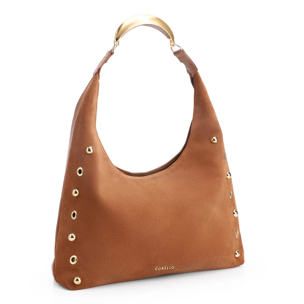 Bolsa Hobo Aplicações Couro Camurça/Couro Marrom - imagem 3