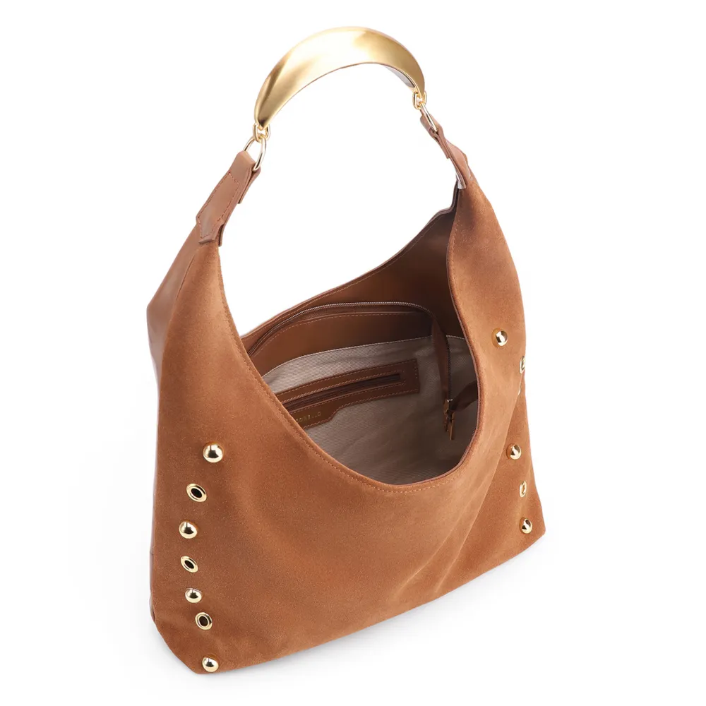 Bolsa Hobo Aplicações Couro Camurça/Couro Marrom - imagem 5