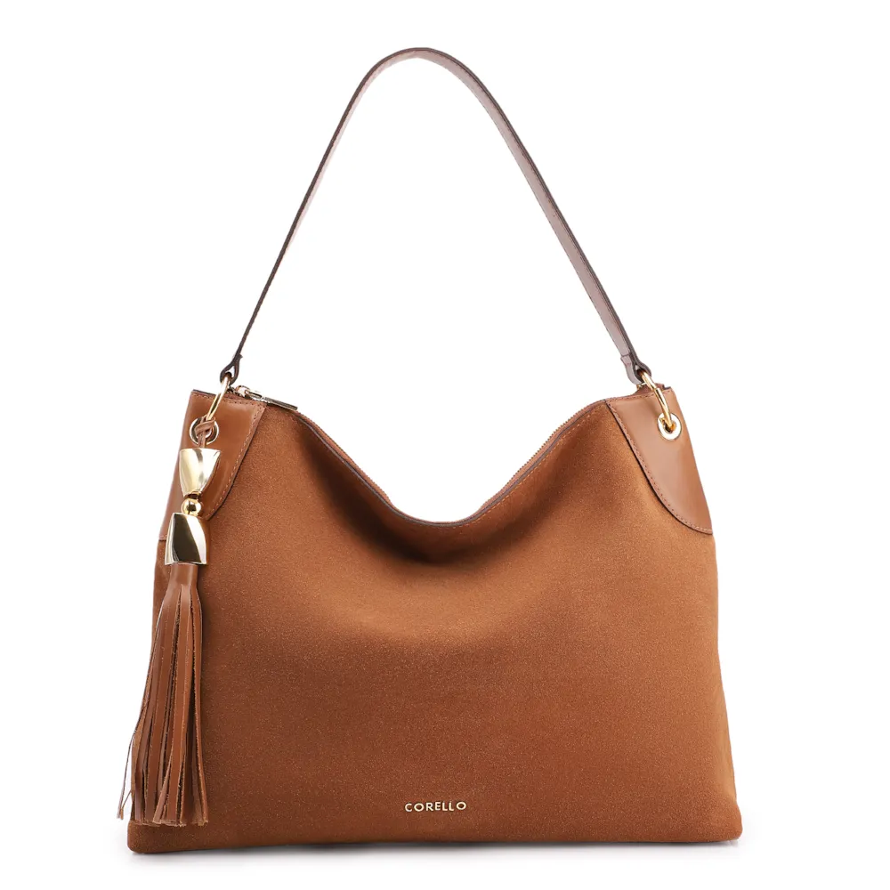 Bolsa Hobo Argola Couro Camurça/Couro Marrom