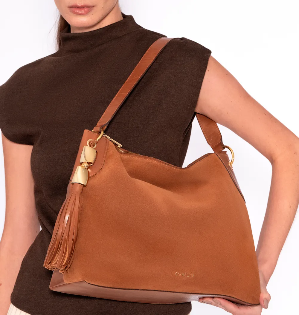 Bolsa Hobo Argola Couro Camurça/Couro Marrom - imagem 2