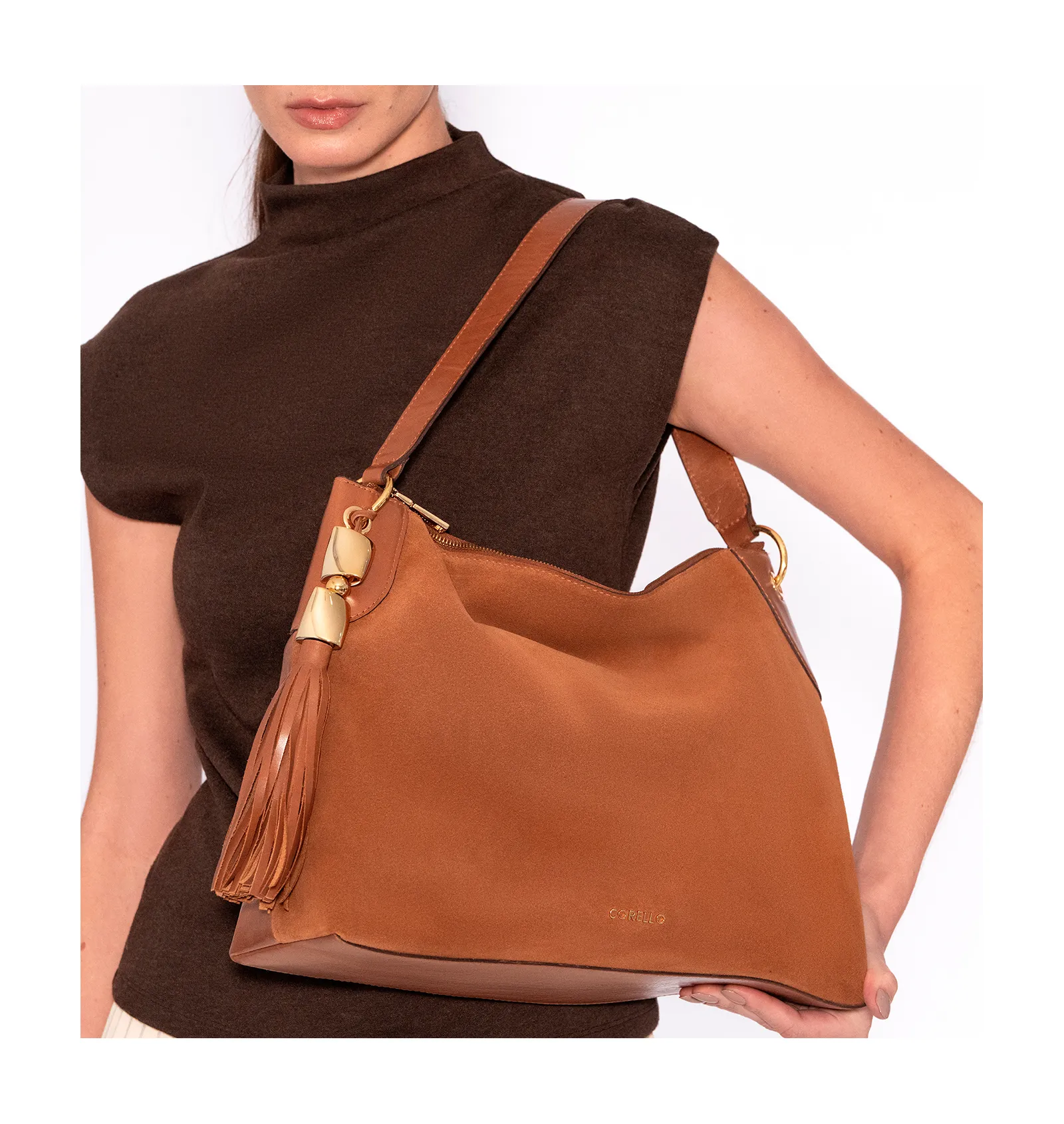 Bolsa Hobo Argola Couro Camurça/Couro Marrom