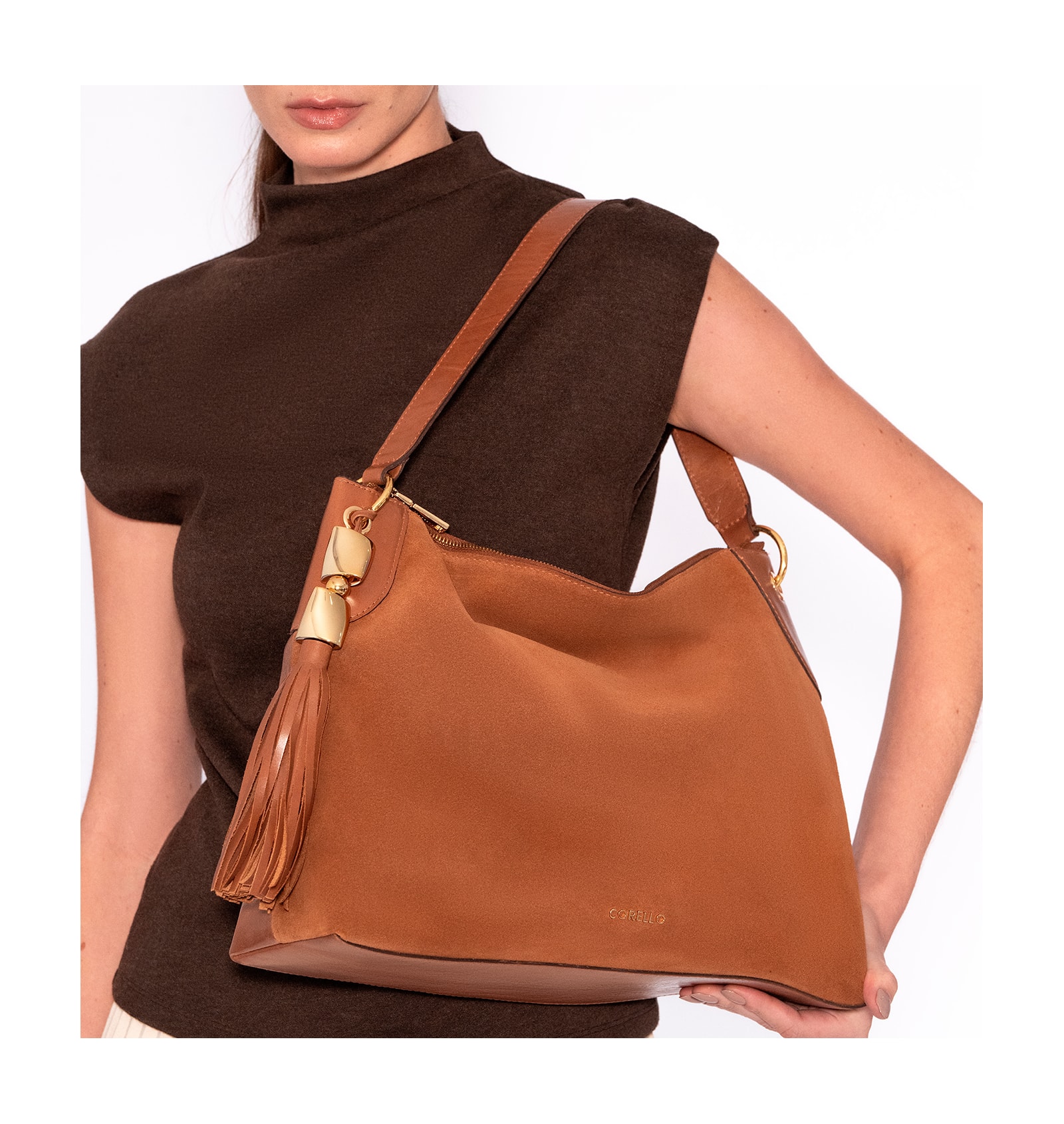 Bolsa Hobo Argola Couro Camurça/Couro Marrom