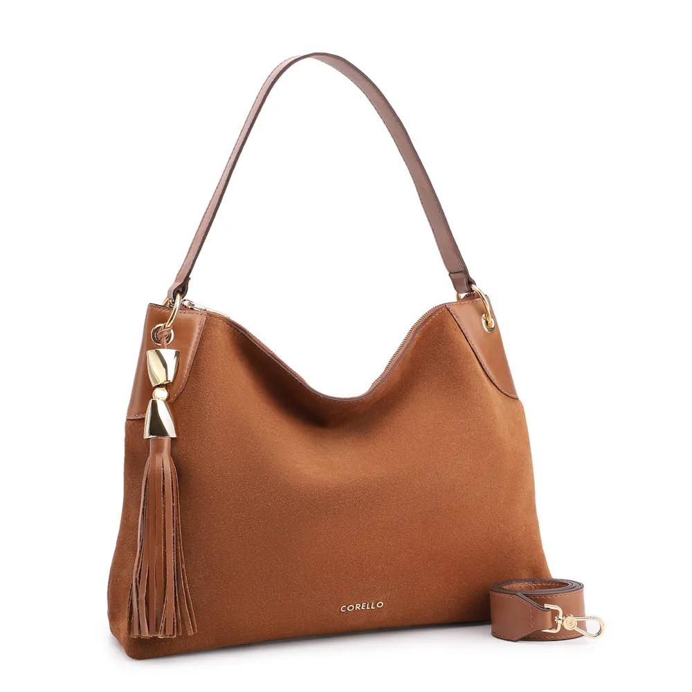 Bolsa Hobo Argola Couro Camurça/Couro Marrom - imagem 3