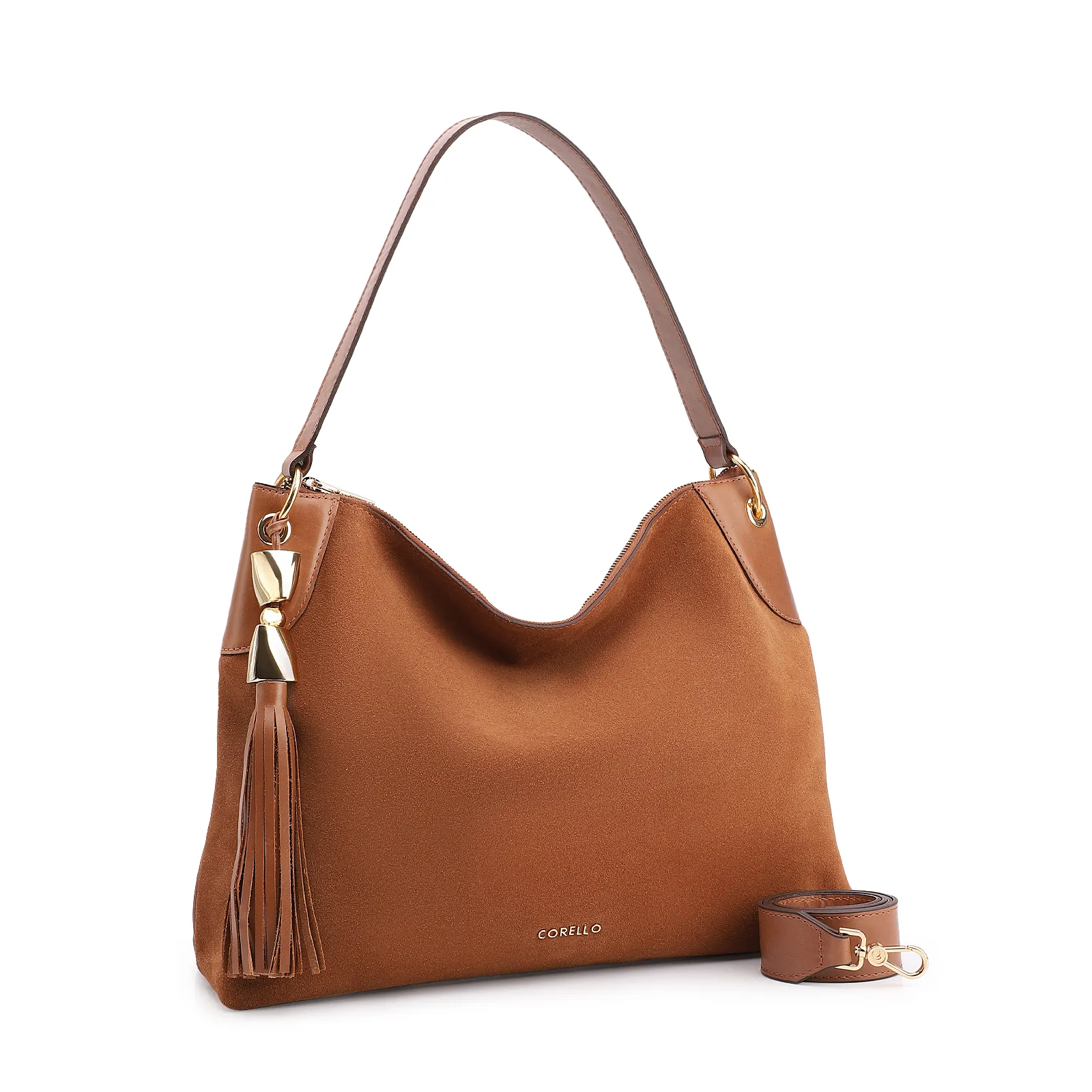 Bolsa Hobo Argola Couro Camurça/Couro Marrom