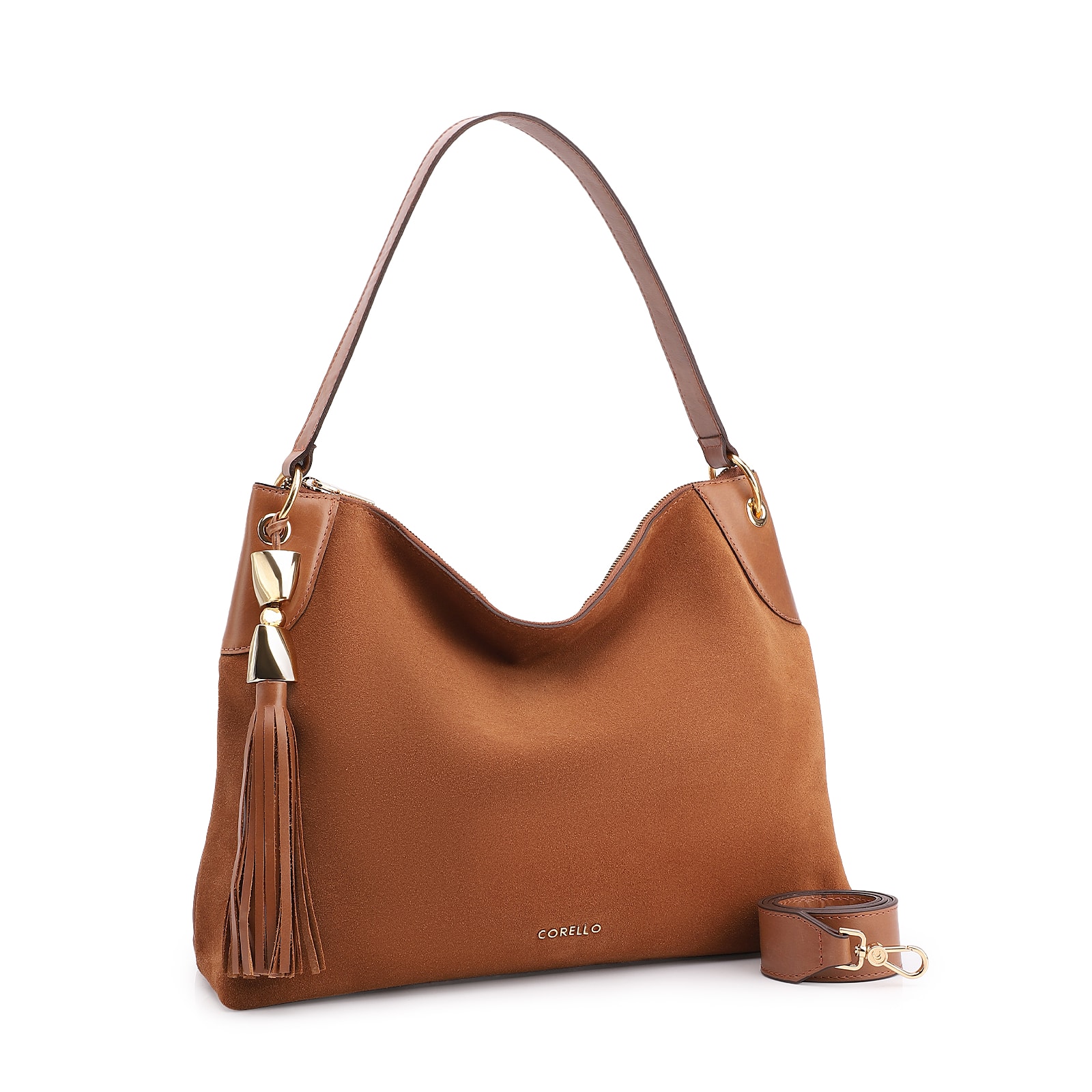 Bolsa Hobo Argola Couro Camurça/Couro Marrom