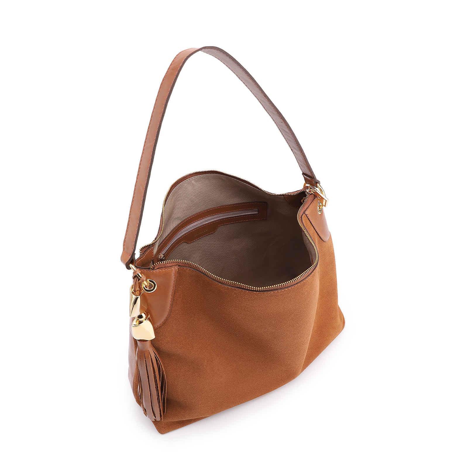Bolsa Hobo Argola Couro Camurça/Couro Marrom