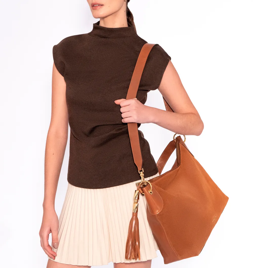 Bolsa Hobo Argola Couro Camurça/Couro Marrom - imagem 8