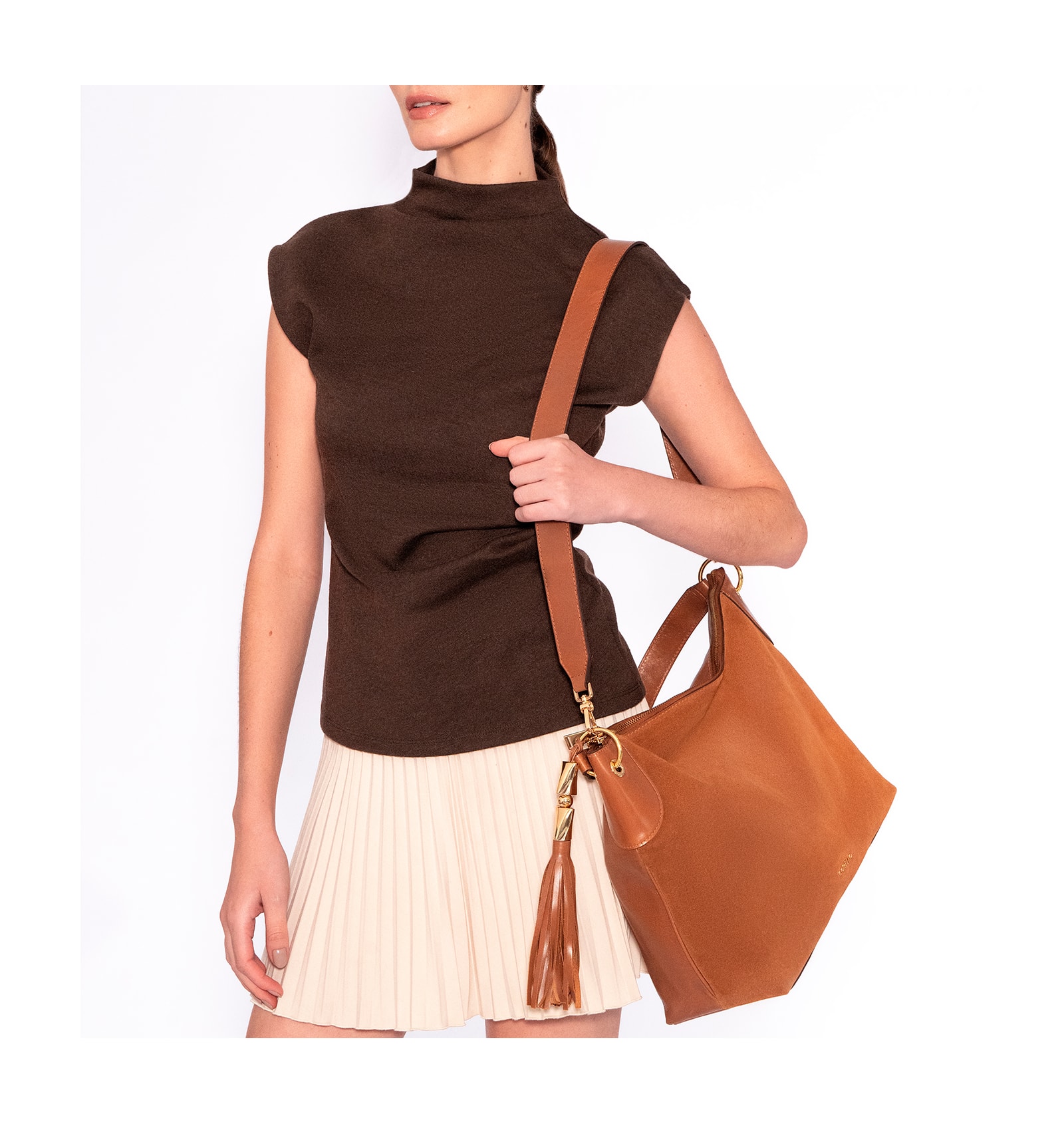 Bolsa Hobo Argola Couro Camurça/Couro Marrom
