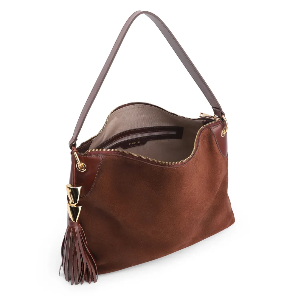 Bolsa Hobo Argola Couro Camurça/Couro Marrom Escuro - imagem 4